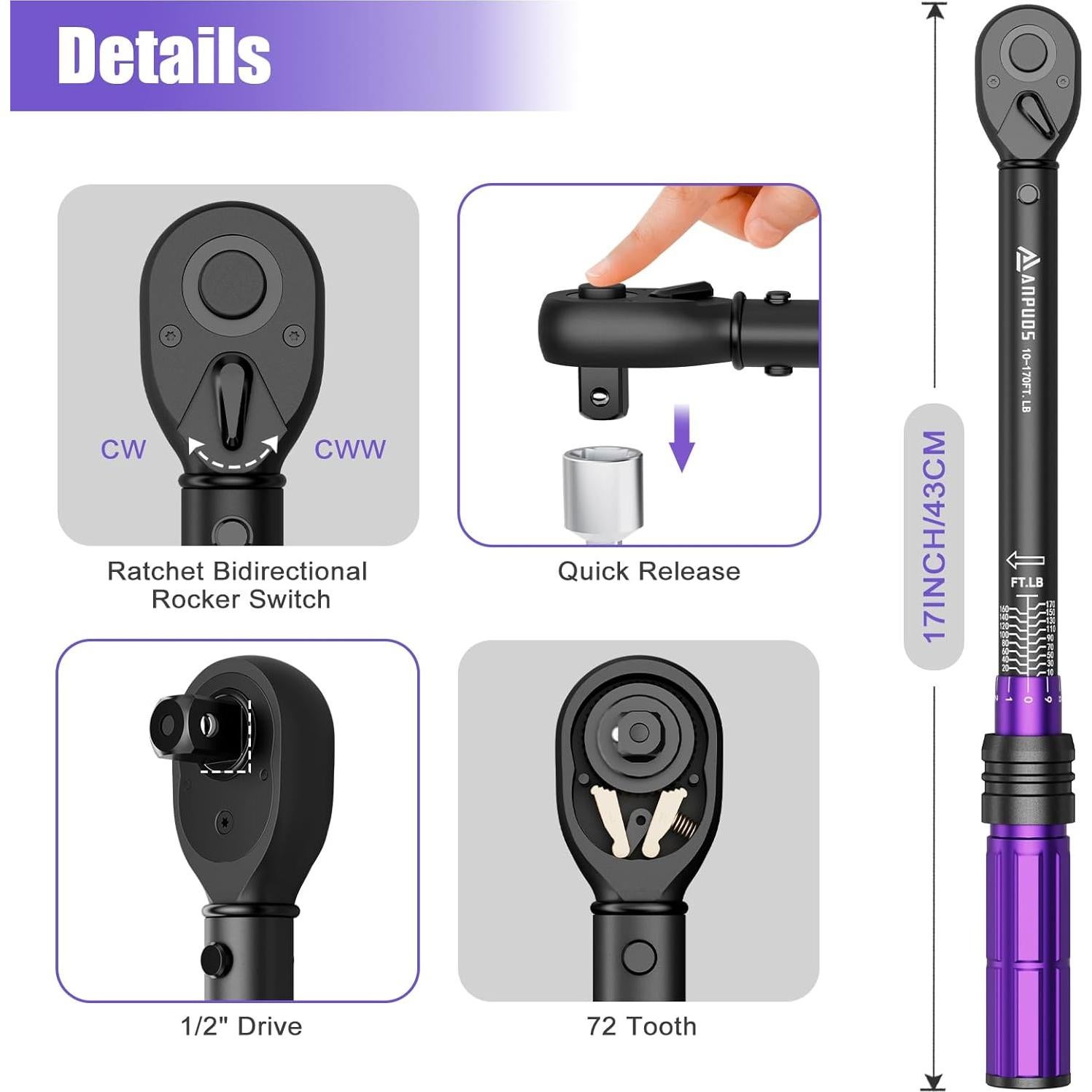 Llave de Torque ANPUDS 1/2" Ajustable 10-170 Ft-Lb (13.6-230.5 Nm)