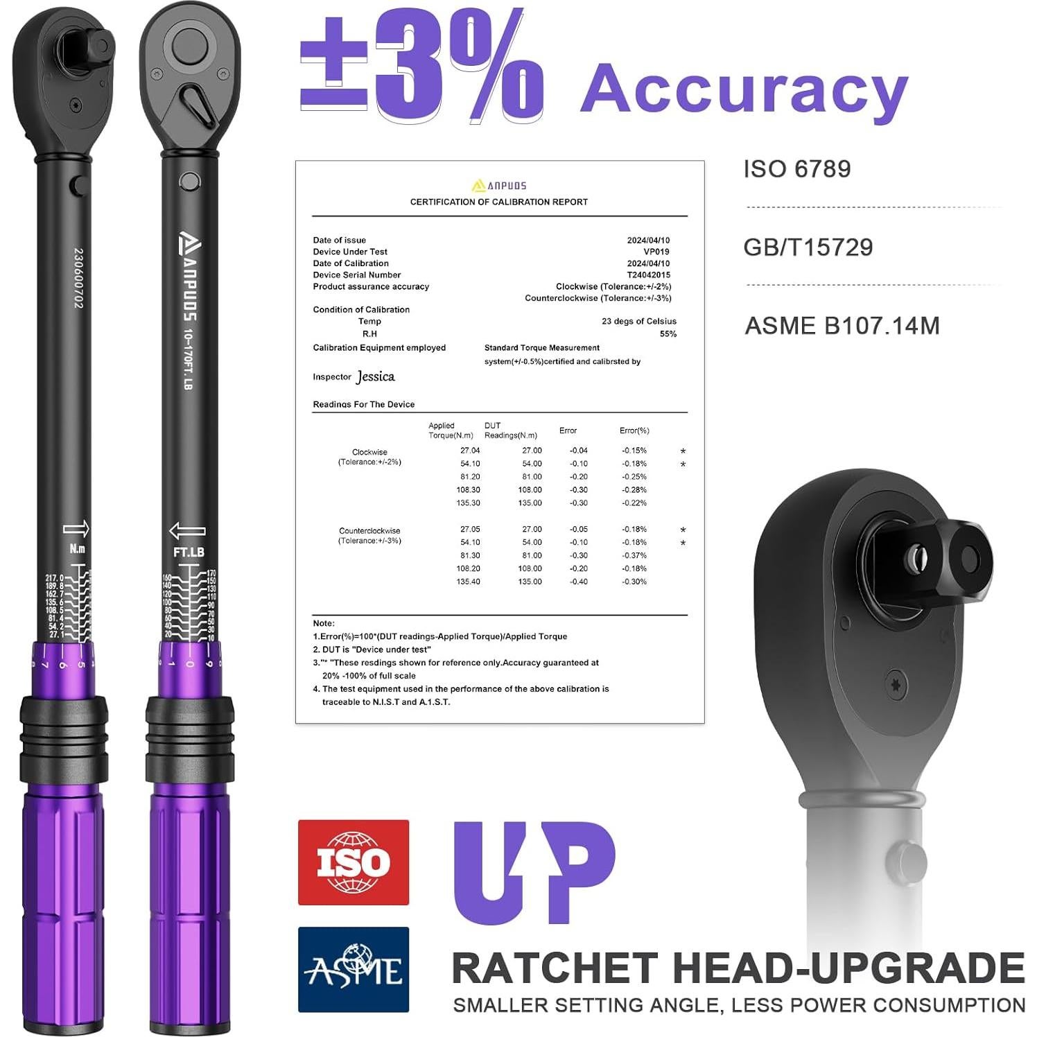 Llave de Torque ANPUDS 1/2" Ajustable 10-170 Ft-Lb (13.6-230.5 Nm)