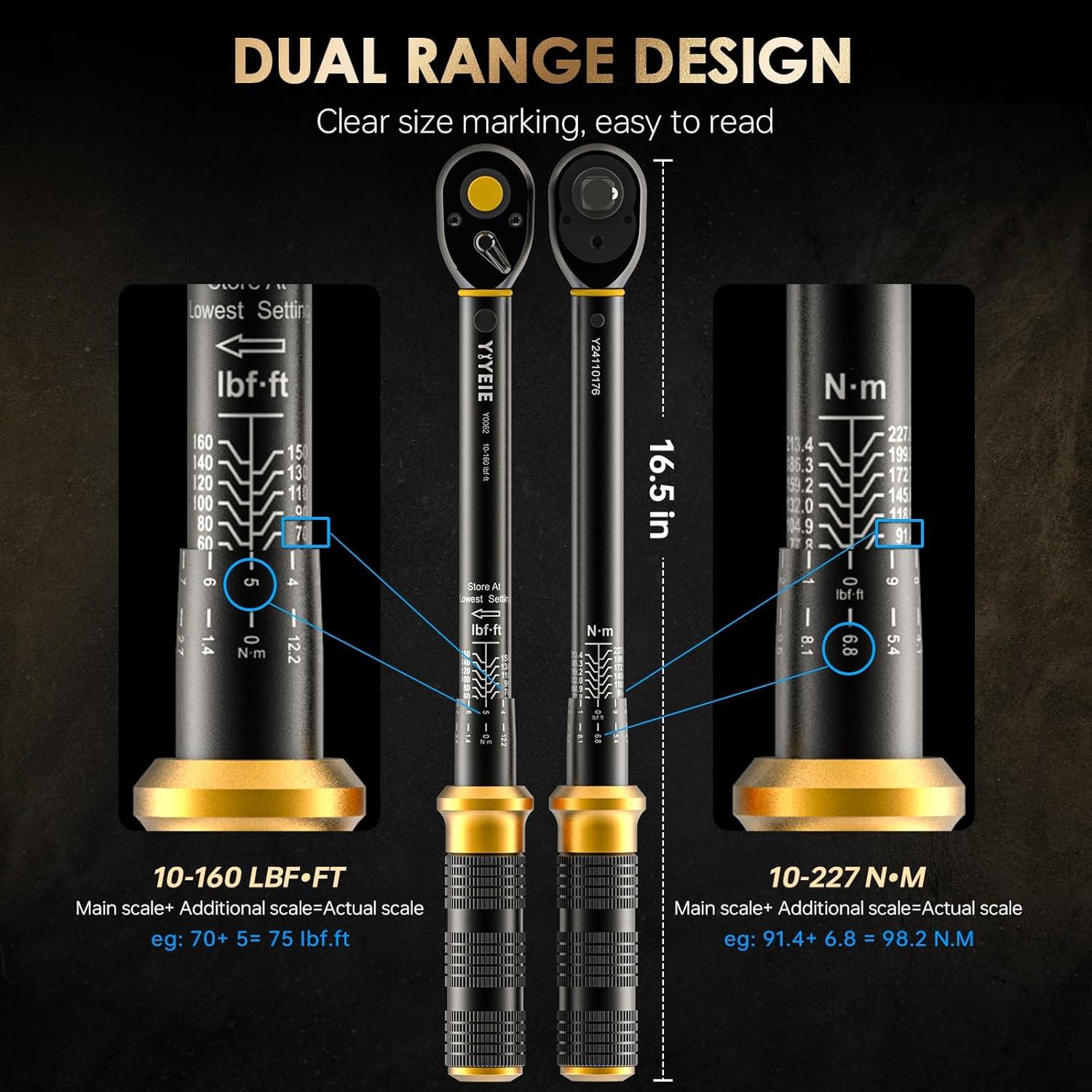 Llave de Torque 1/2 Pulgada YIYEIE 10-160 FT.LB (10-227 Nm)