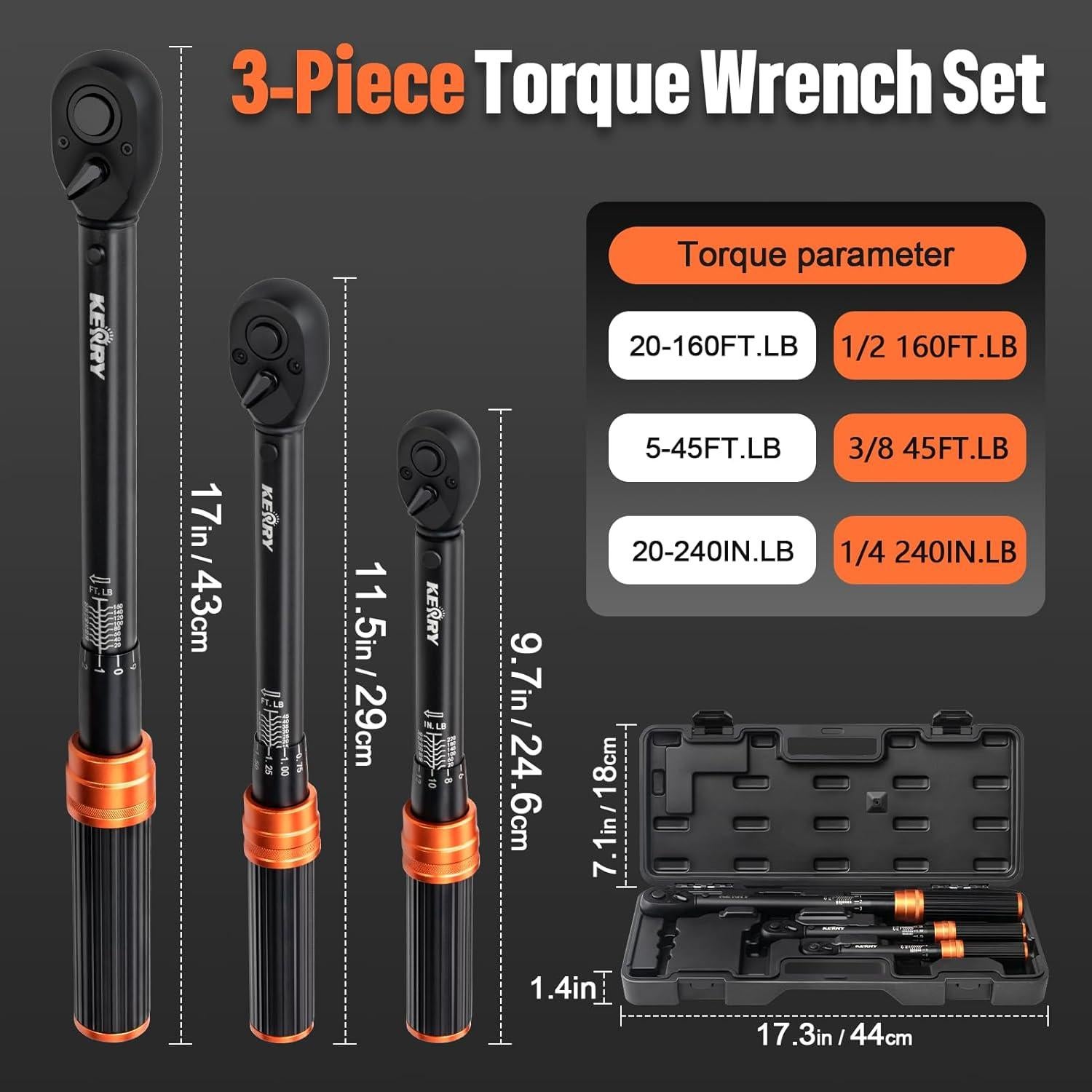 Juego de Llave de Torque Kerry 3PCS 1/4" 3/8" 1/2" 2-216.56 Nm