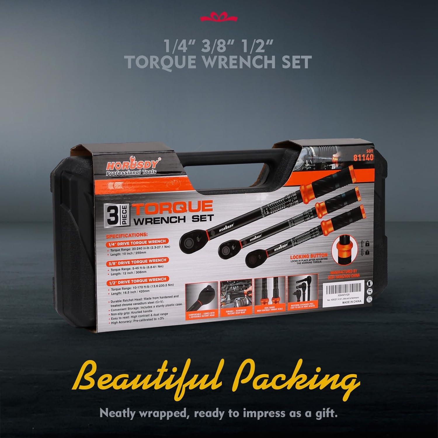 Juego de Llaves de Torque 3Pzas HORUSDY 1/4" 3/8" 1/2"