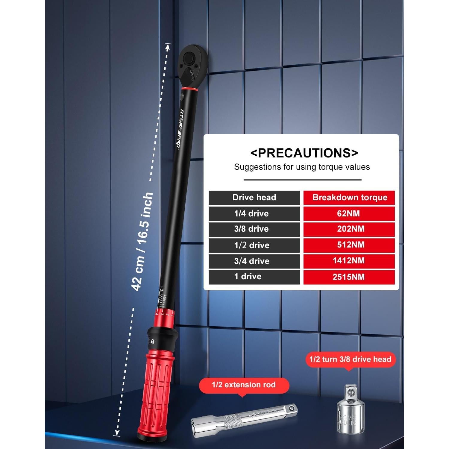Llave de Torque 1/2" ATsafepro 10-160 Ft-Lb (13.60-217 Nm) Precisa