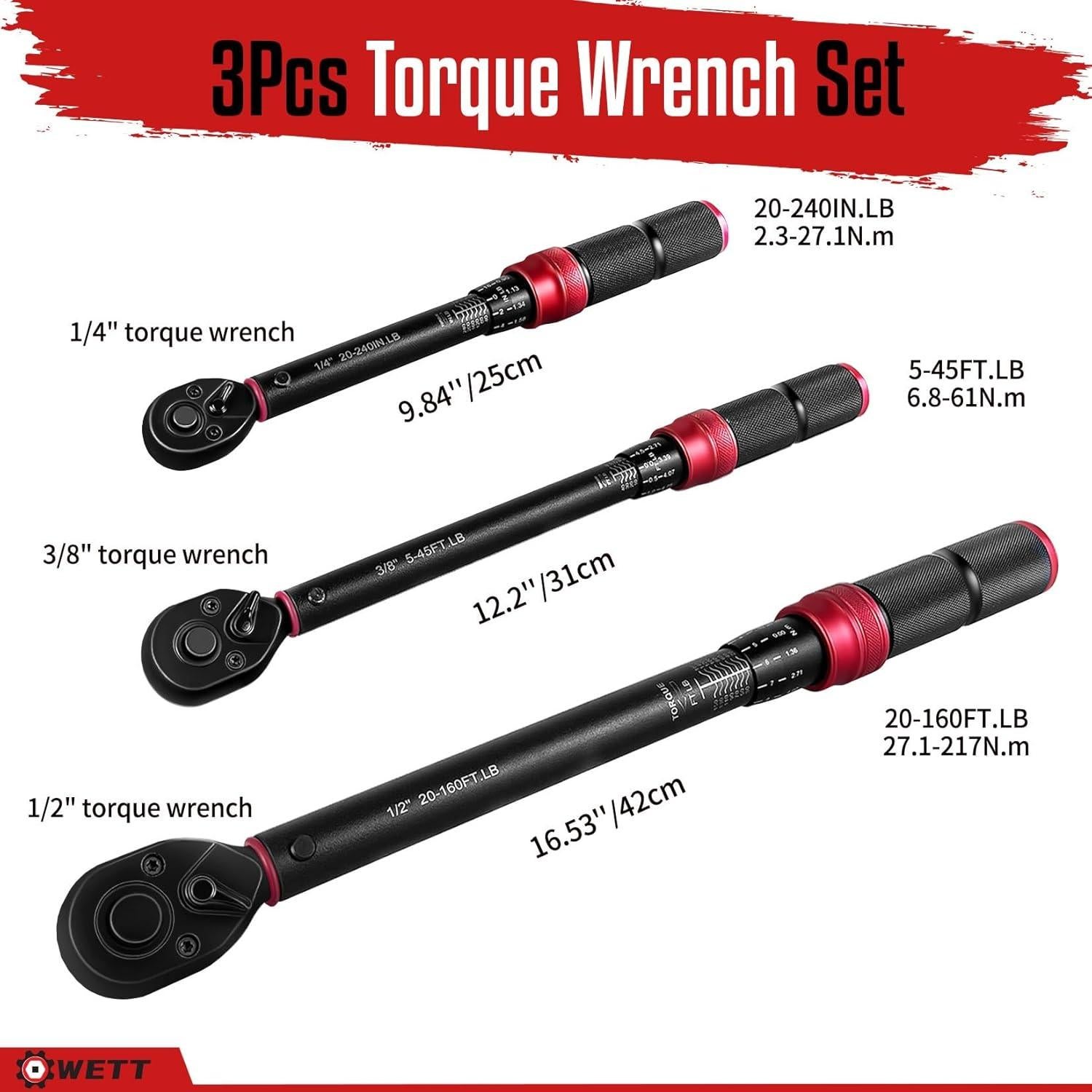 Juego de Llaves de Torque WETT 3 Piezas 1/4, 3/8, 1/2" 20-160ft.lb