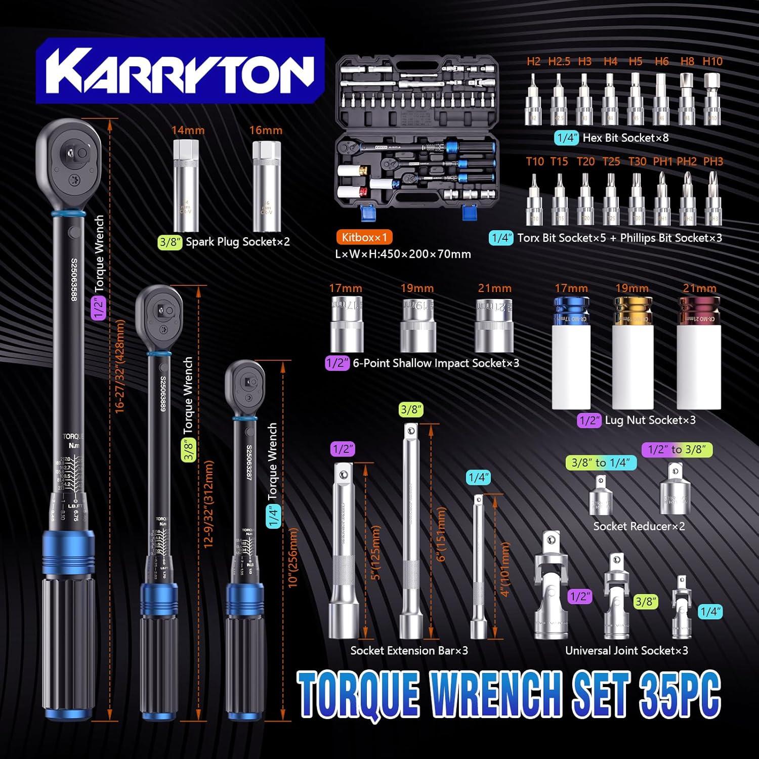 Juego de Llaves de Torque KARRYTON 35 Piezas 1/4 3/8 1/2"