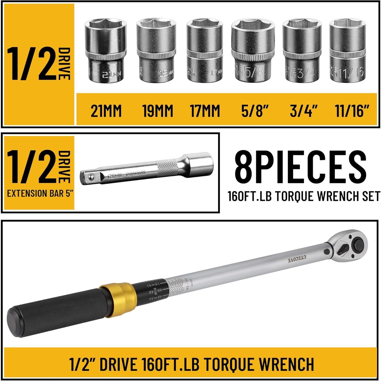 Juego de Llave de Torque UYECOVE 1/2" 10-160 FT-LB (13.6-217Nm) 8 Pcs