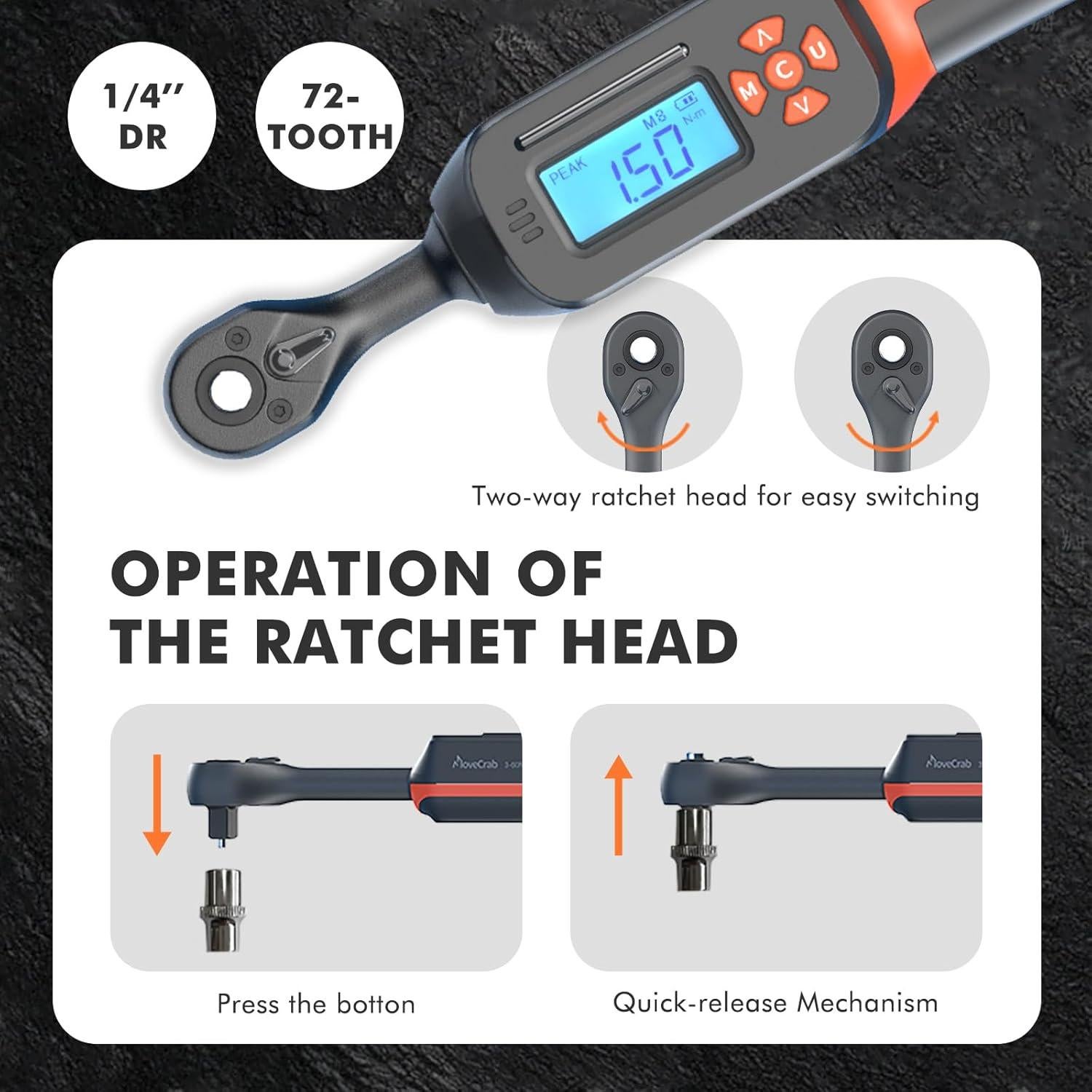 Llave de Torque Digital MOVECRAB 1/4" 1.5-30 N.m Naranja