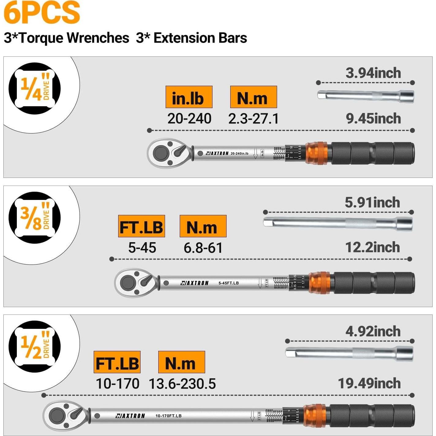 Juego de Llaves de Torque WAXTRON 3 Piezas 1/4 3/8 1/2" 230 Nm