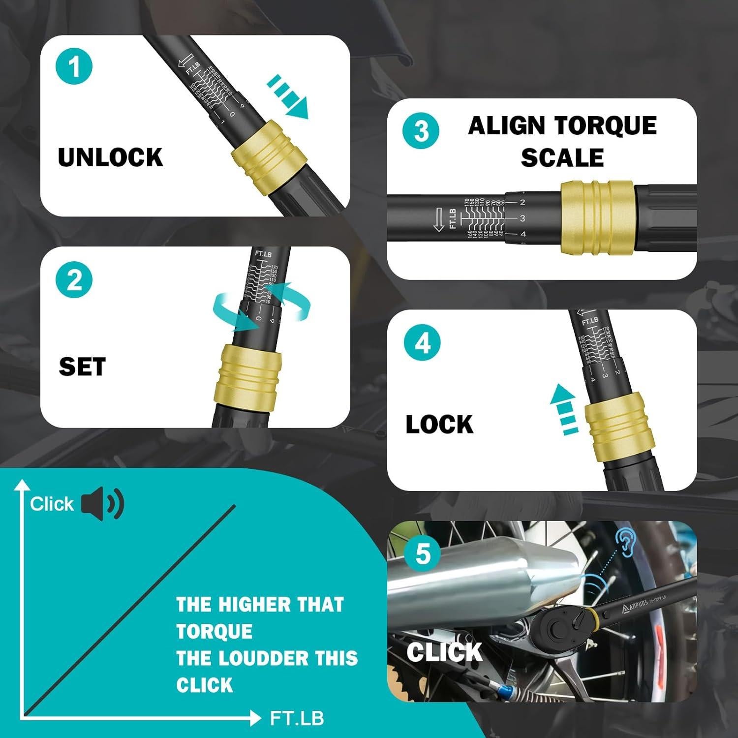 Llave de Torque 1/2" ANPUDS 10-170 Ft-Lb (13.6-230.5 Nm) 6 Piezas