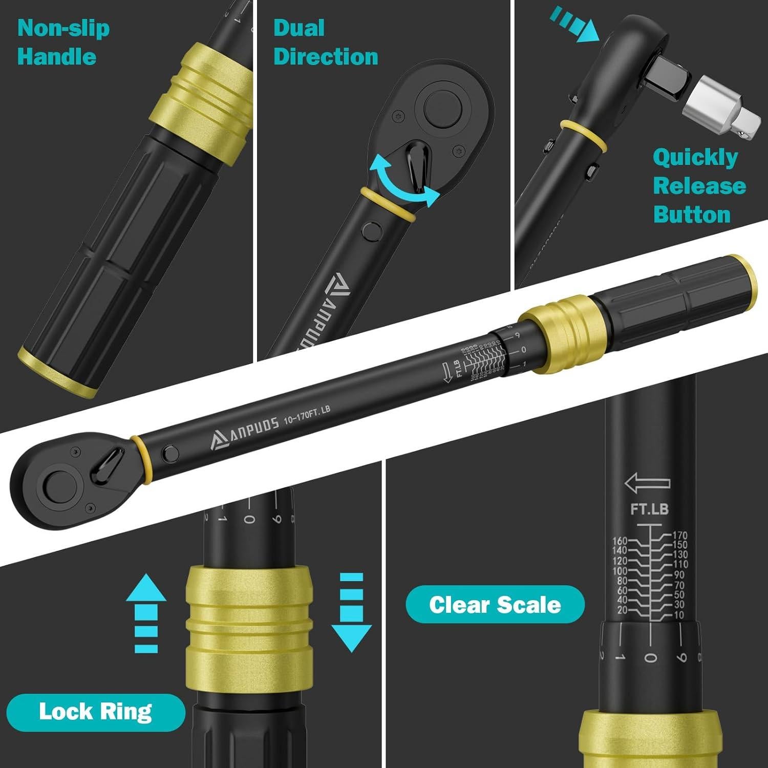 Llave de Torque 1/2" ANPUDS 10-170 Ft-Lb (13.6-230.5 Nm) 6 Piezas