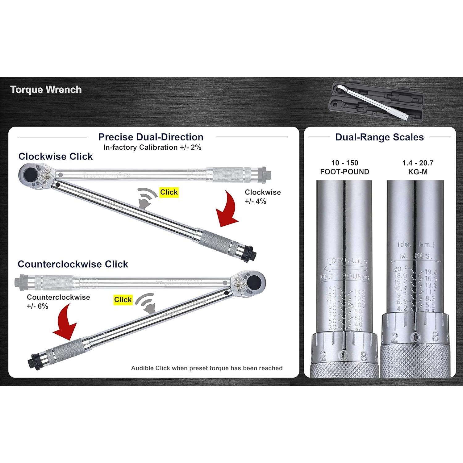 Llave de Torque de Clic Doble Dirección 1/2" 10-150 lb-pie