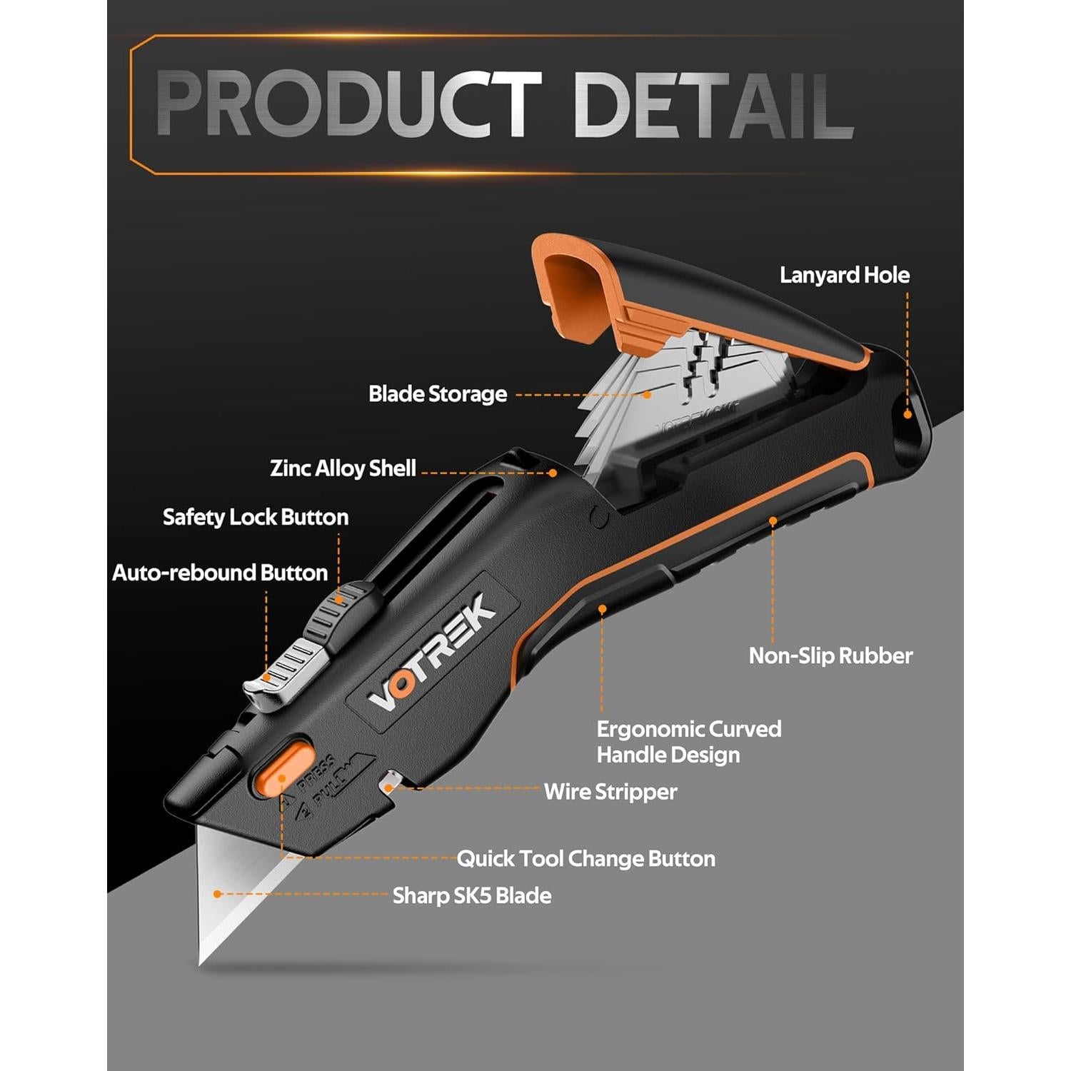 Cuchillo Utilitario VOTREK 2-en-1 Retráctil con Cuchillas