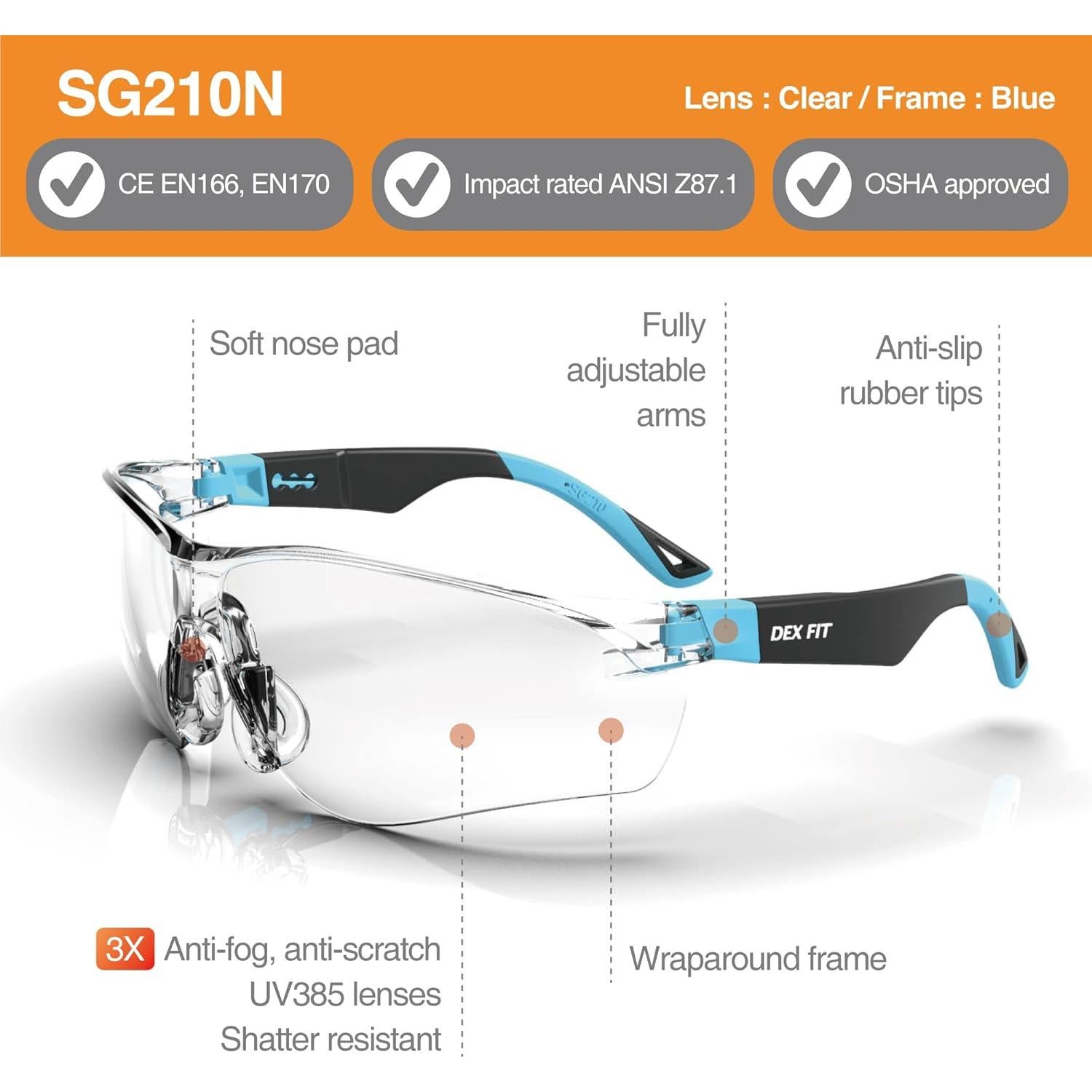 Gafas de Seguridad DEX FIT SG210 Antivaho UV385 Ajustables