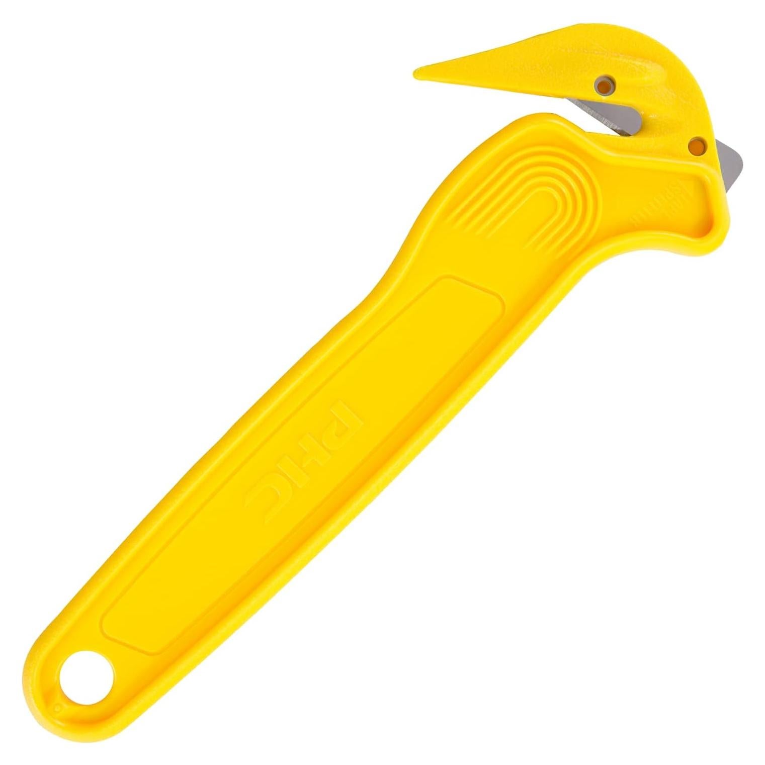 Pacific Handy Cutter Disposable Film Cutter NSF Certified Food Safe Safety Box Cutter & Bladeless Tape Splitter Perfect for Cryovac, Plastic Bags, & Shrink Wrap Yellow