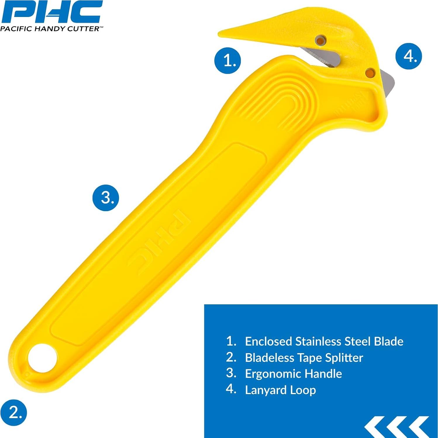 Pacific Handy Cutter Disposable Film Cutter NSF Certified Food Safe Safety Box Cutter & Bladeless Tape Splitter Perfect for Cryovac, Plastic Bags, & Shrink Wrap Yellow