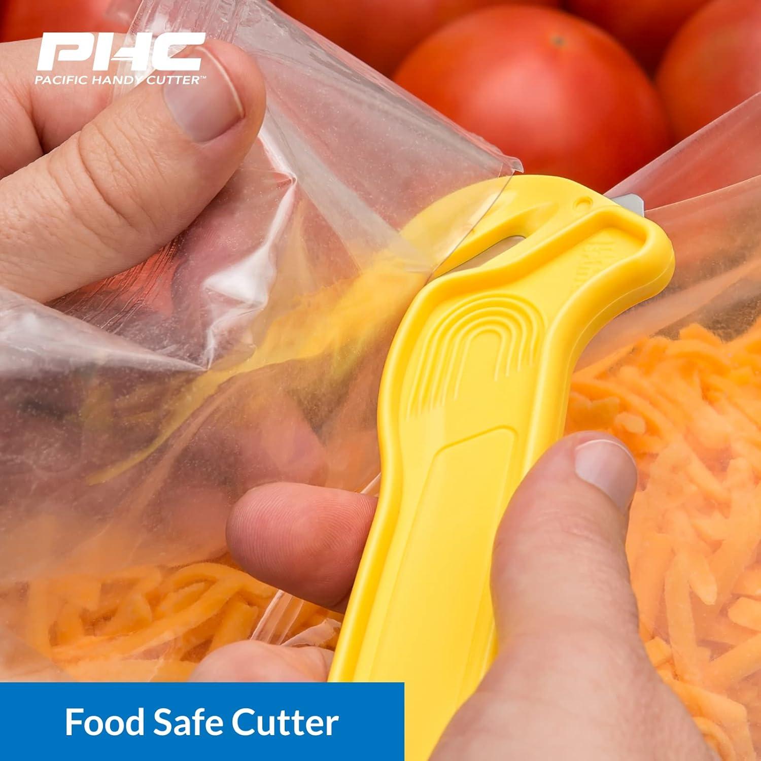 Pacific Handy Cutter Disposable Film Cutter NSF Certified Food Safe Safety Box Cutter & Bladeless Tape Splitter Perfect for Cryovac, Plastic Bags, & Shrink Wrap Yellow