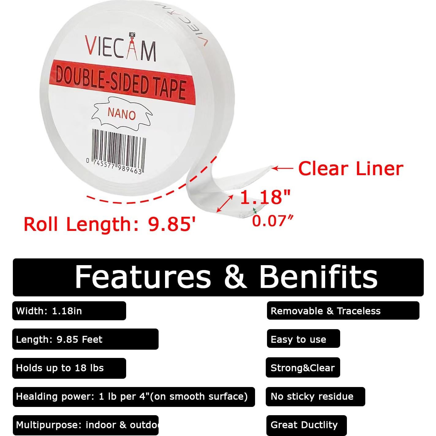 Cinta Adhesiva Doble Cara Viecam 3 cm x 3.05 m Transparente