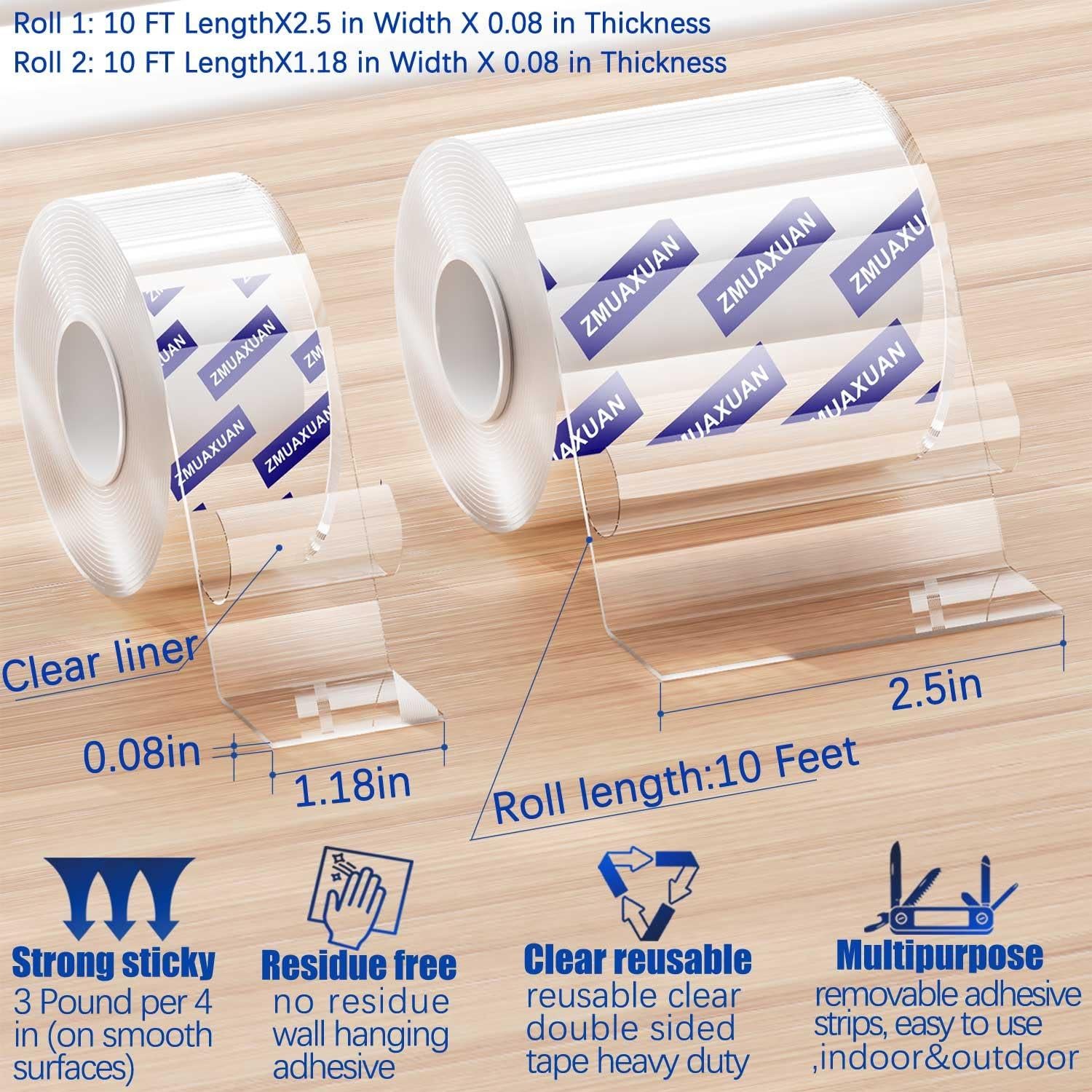 Cinta Adhesiva Doble Cara ZMUAXUAN 2 Rollos 20 pies Transparente