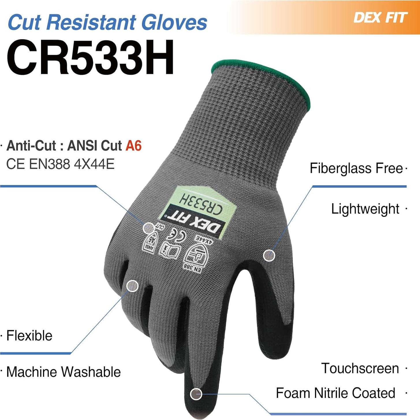 Guantes Resistentes a Cortes DEX FIT CR533H, Talla M, Gris