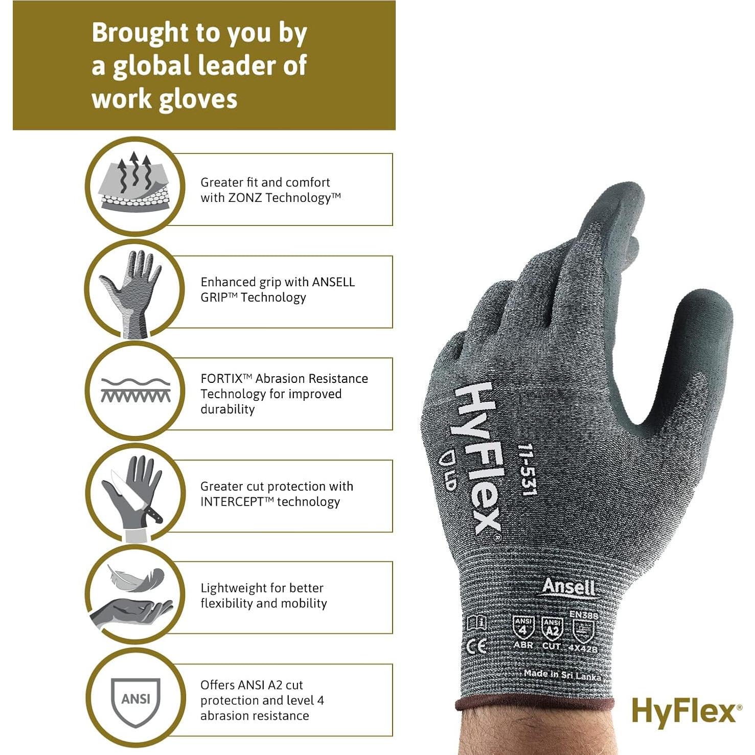 Guantes Industriales Ansell HyFlex 11-531 Resistentes a Cortes - Grande