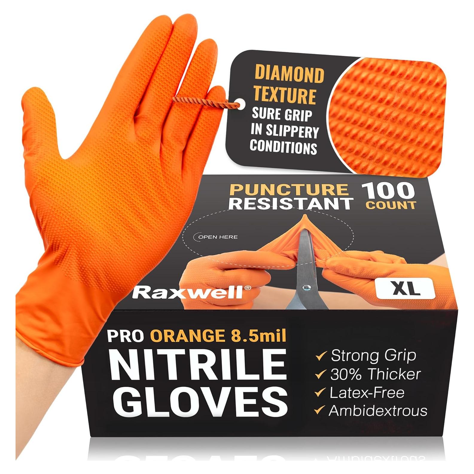 Guantes de Nitrilo Naranjas Raxwell 8.5 Mil Sin Polvo 100 Unidades