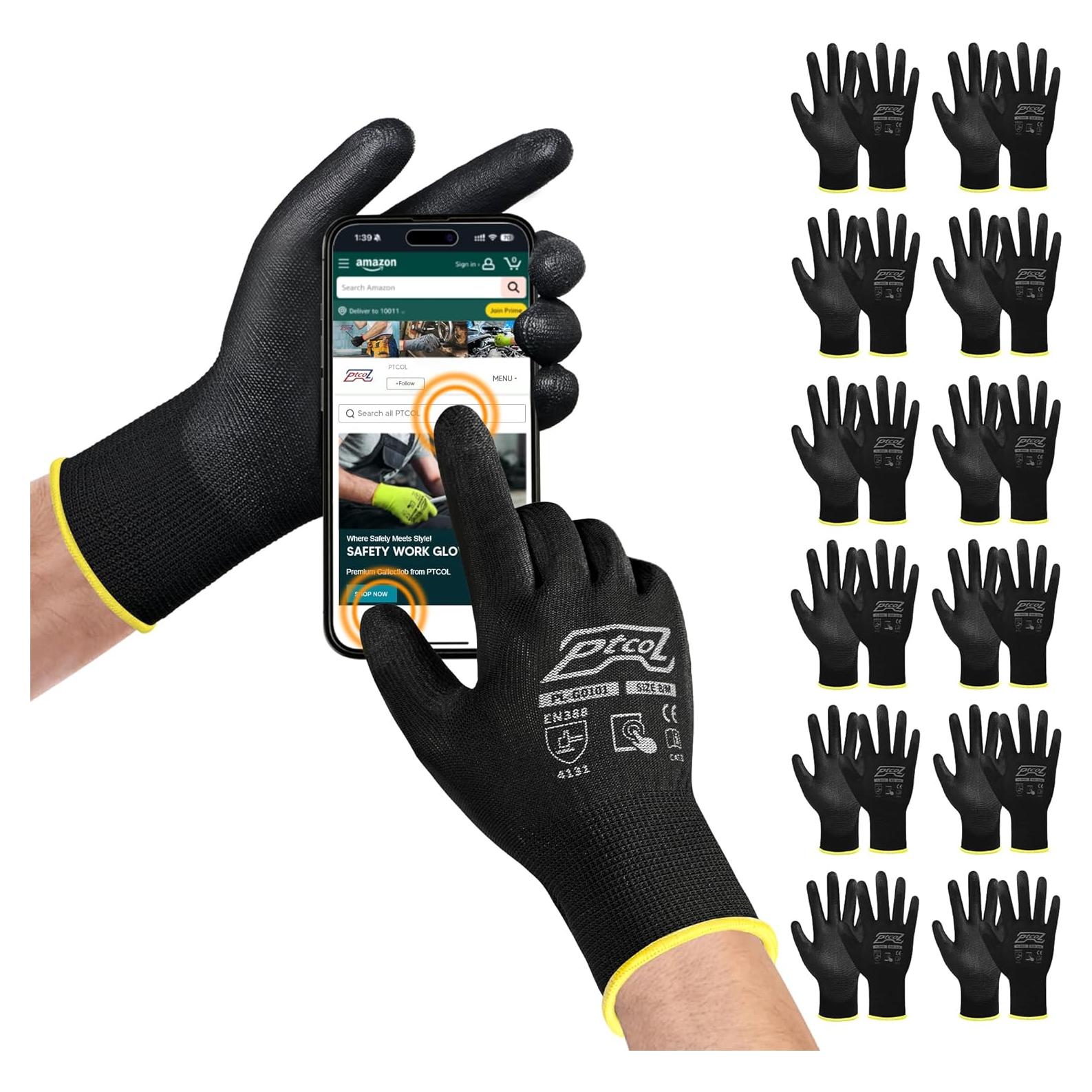 Guantes de Trabajo PTCOL PU Recubiertos - 12 Pares XL Negro