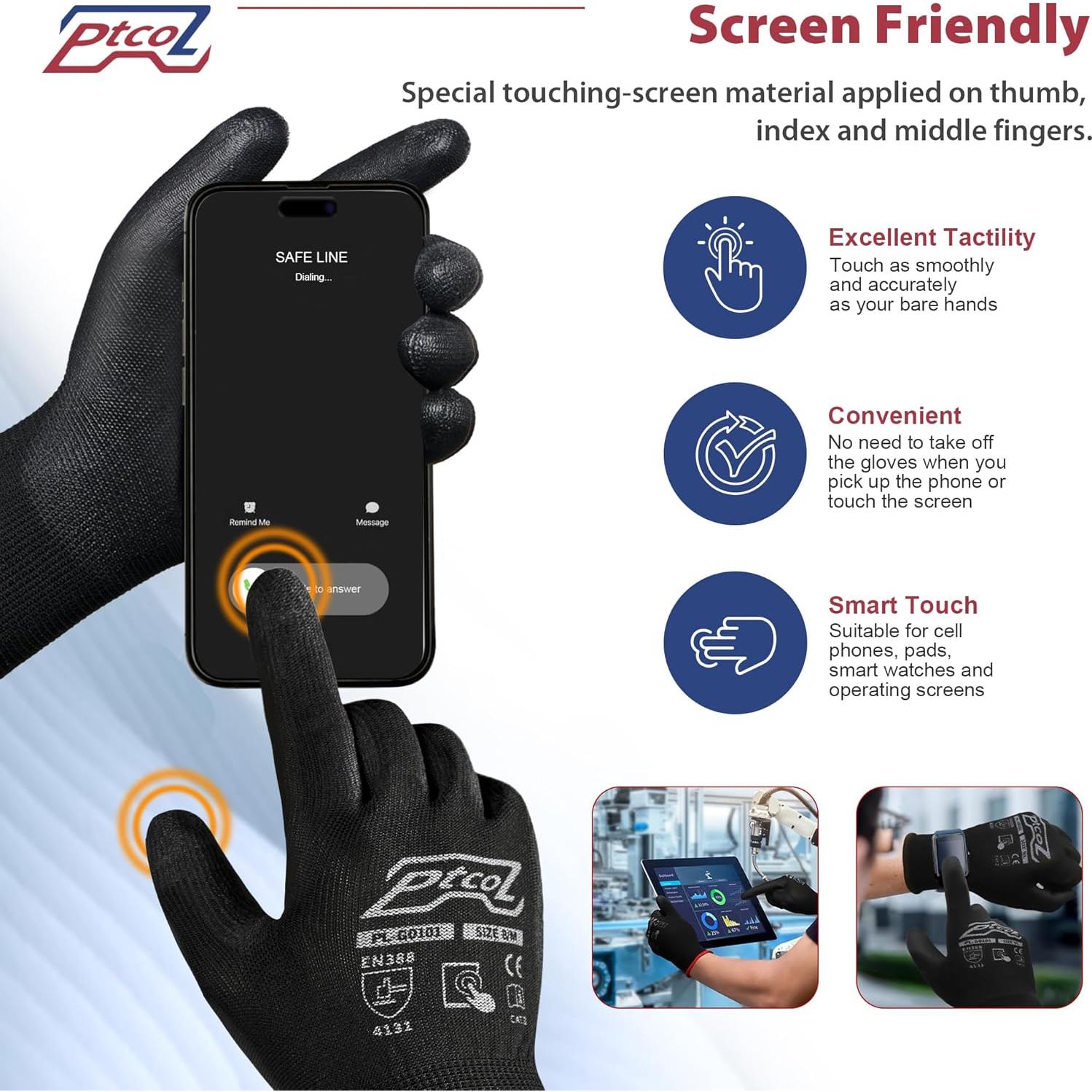 Guantes de Trabajo PTCOL PU Recubiertos - 12 Pares XL Negro