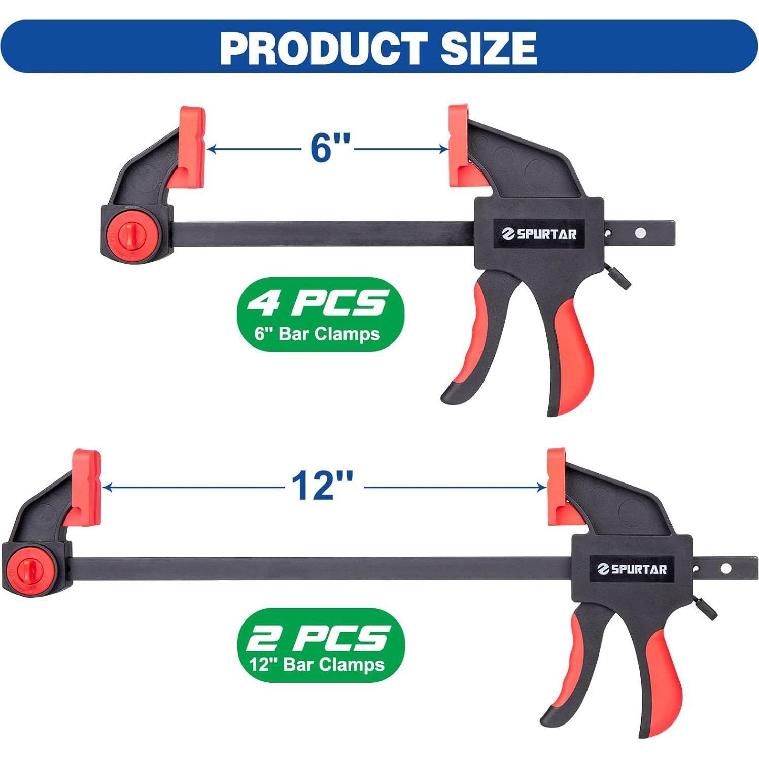 Juego de 6 Abrazaderas de Carpintería Spurtar 15.24 y 30.48 cm