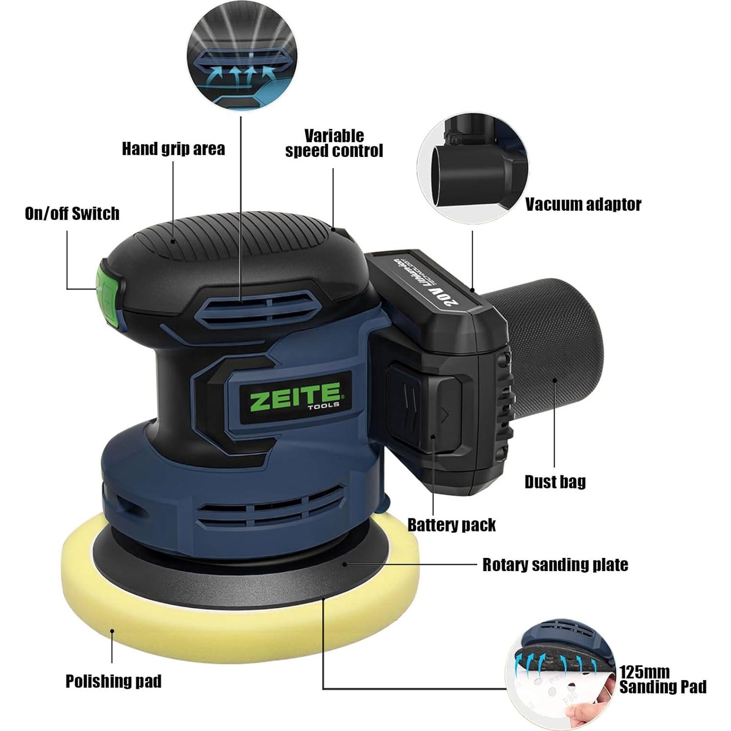 Lijadora Orbital Inalámbrica ZEITE 20V 5" 6 Velocidades 2.2kg