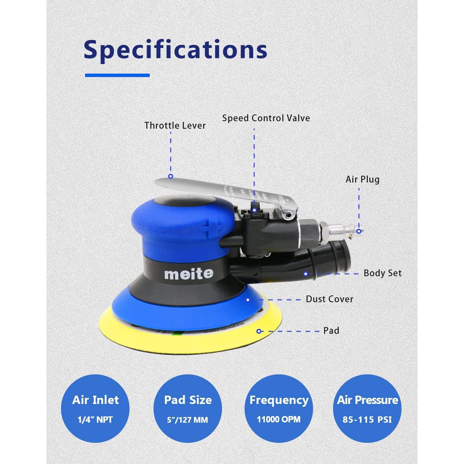 Lijadora Orbital Neumática Meite MT5105V 5" con Bolsa de Polvo