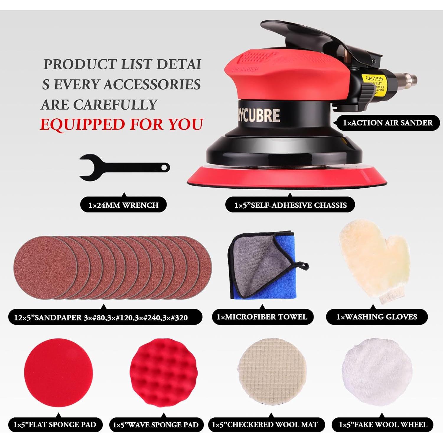 Lijadora Neumática Orbital RYCUBRE 5" con Accesorios