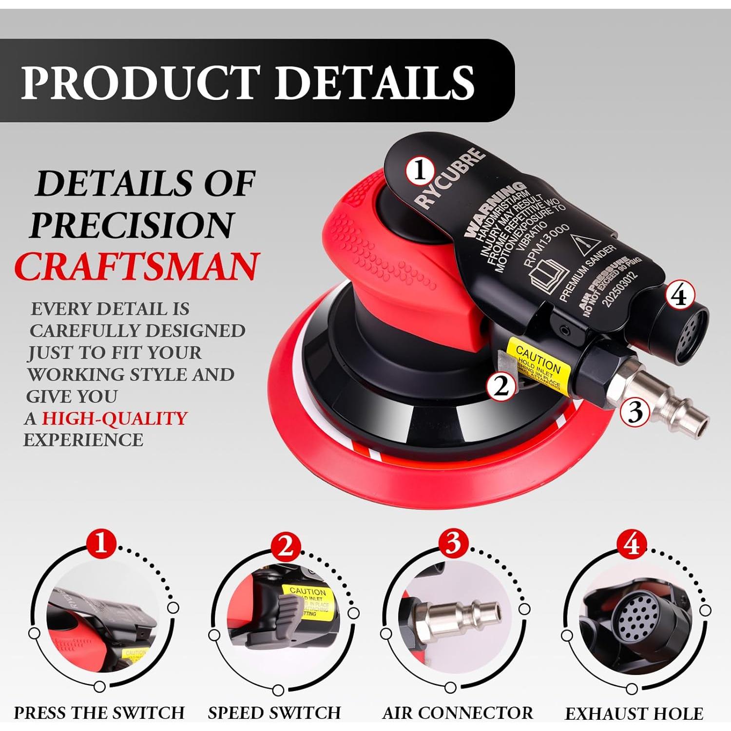 Lijadora Neumática Orbital RYCUBRE 5" con Accesorios