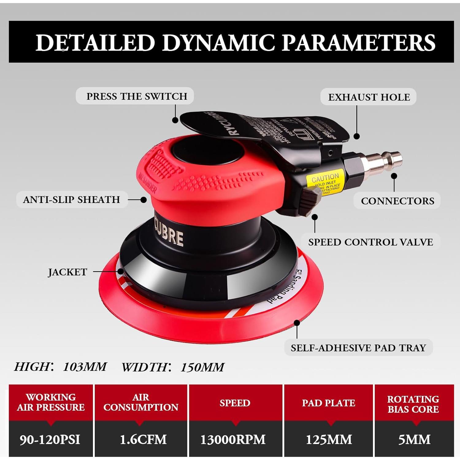 Lijadora Neumática Orbital RYCUBRE 5" con Accesorios