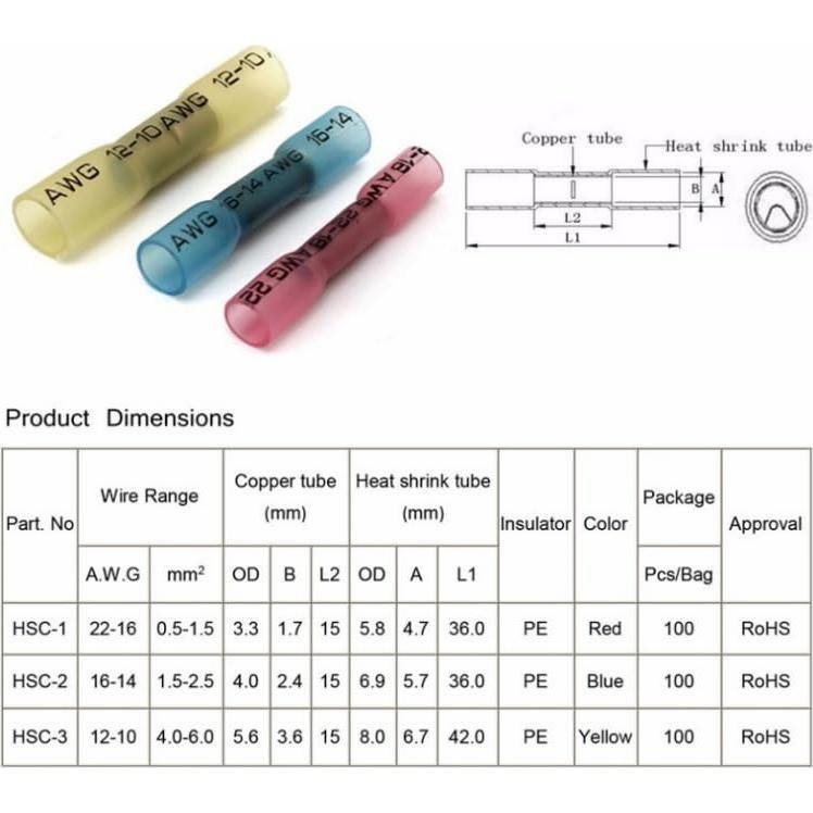 Conectores de compresión de calor retráctil Smgda 16-14 AWG 100 Piezas