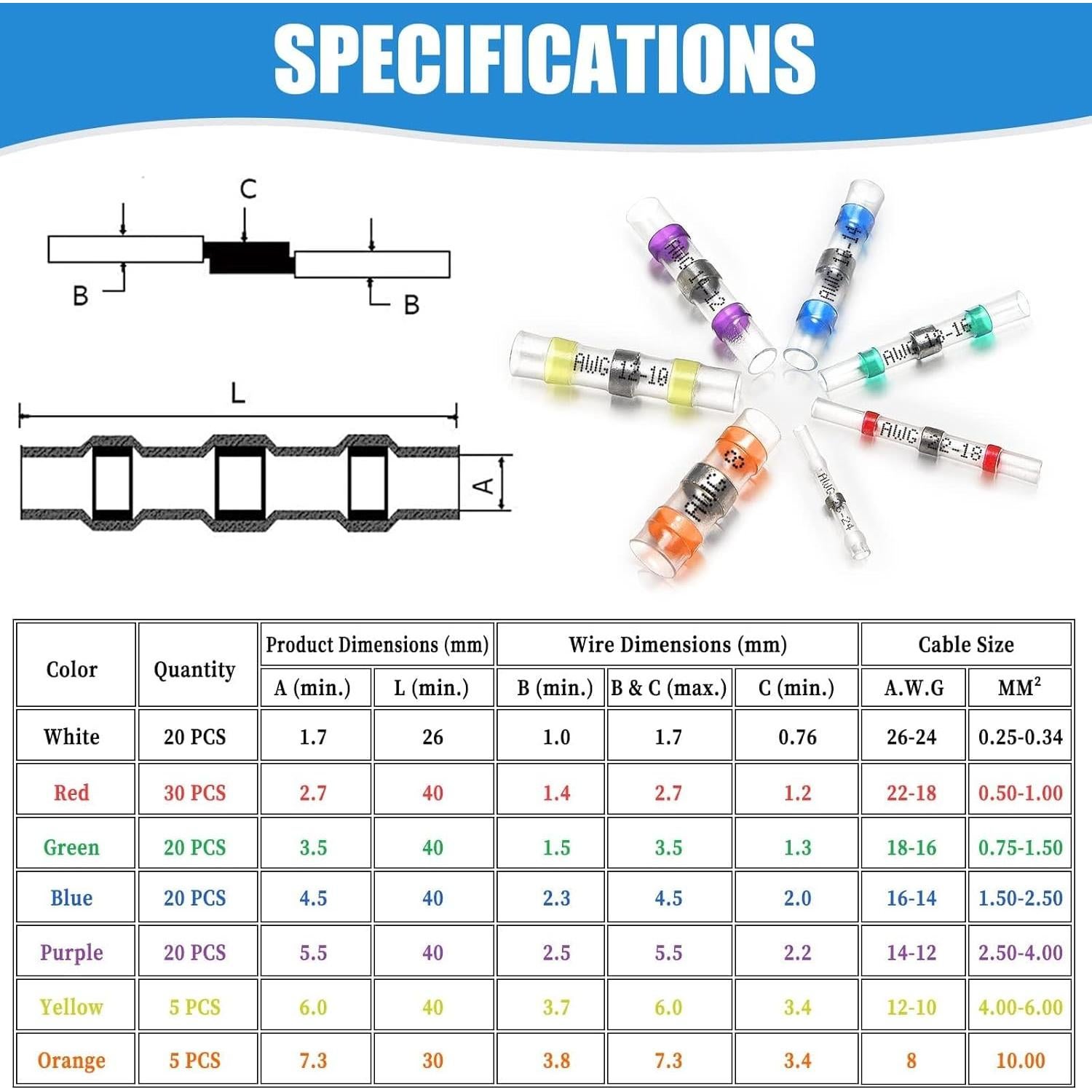 120 Conectores de Cable Termoretráctiles Camtek 26-8 AWG