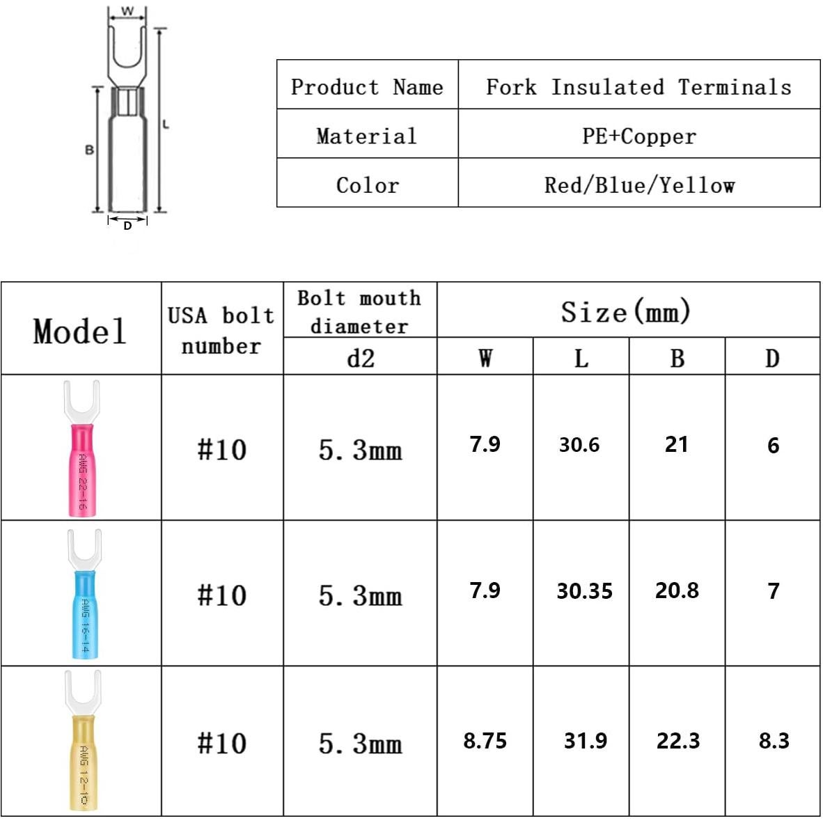 100 Conectores de Horquilla Termocontraíbles Teansic AWG16-14
