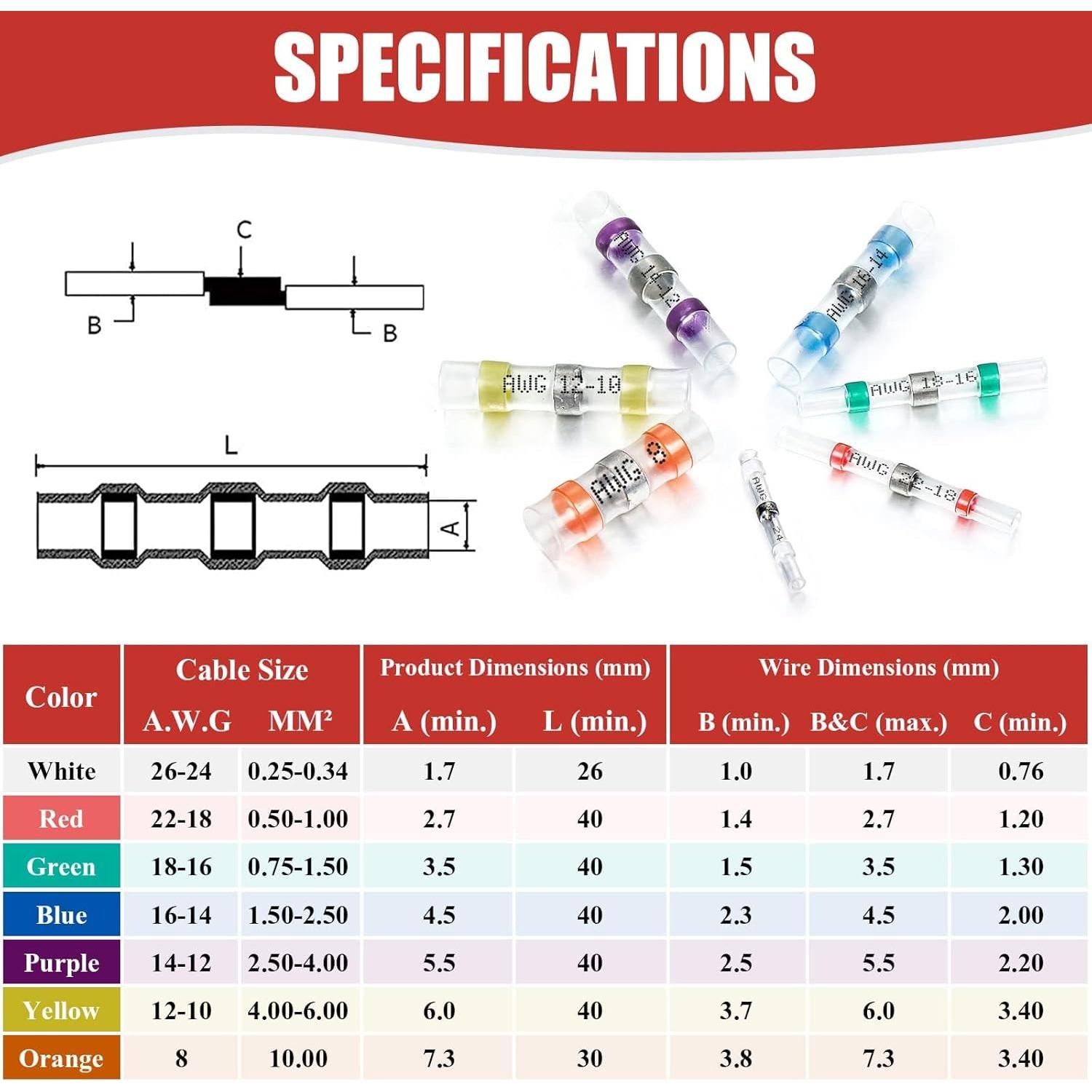 200 Conectores de Cable Termocontraíbles Camtek Rojo 22-18 AWG