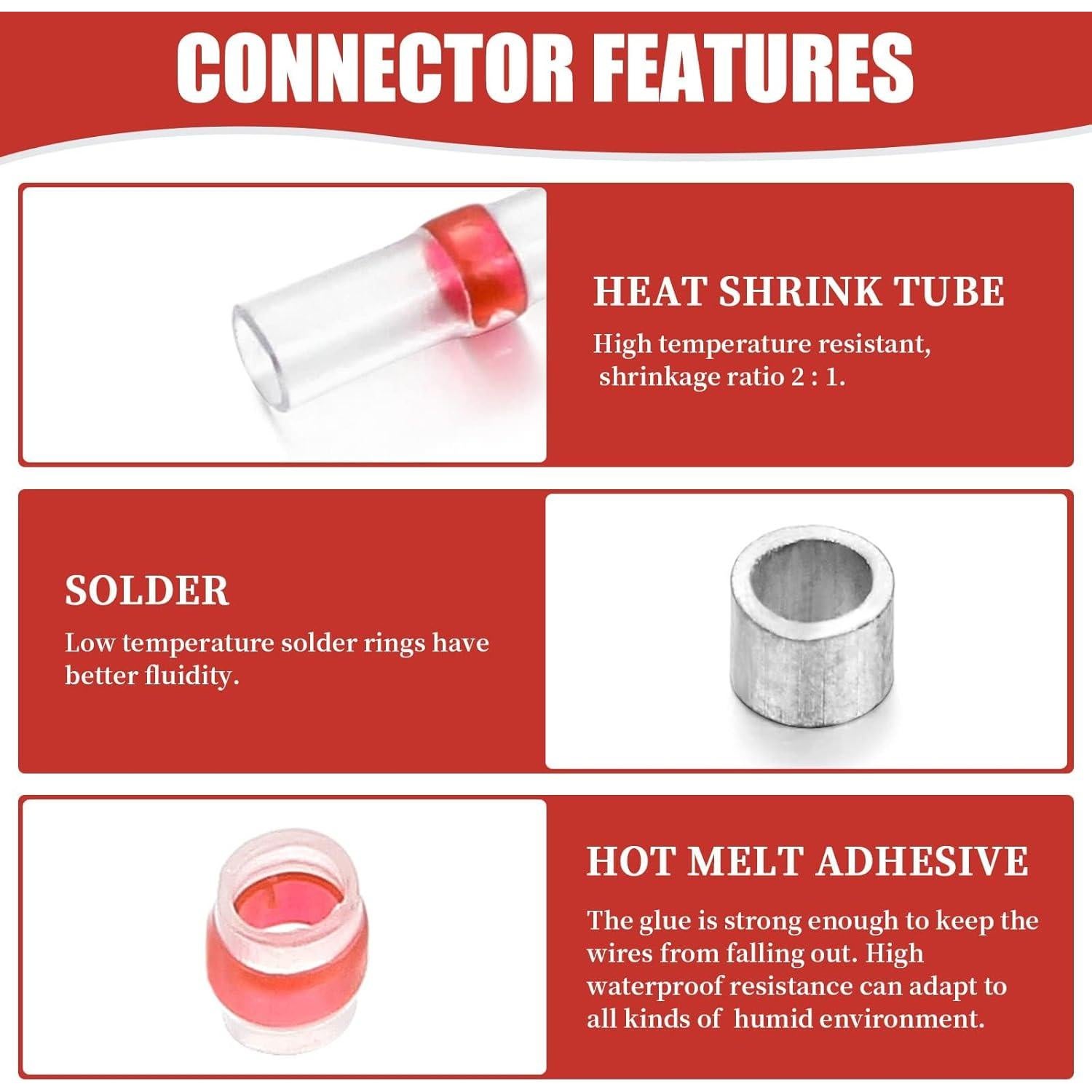 200 Conectores de Cable Termocontraíbles Camtek Rojo 22-18 AWG