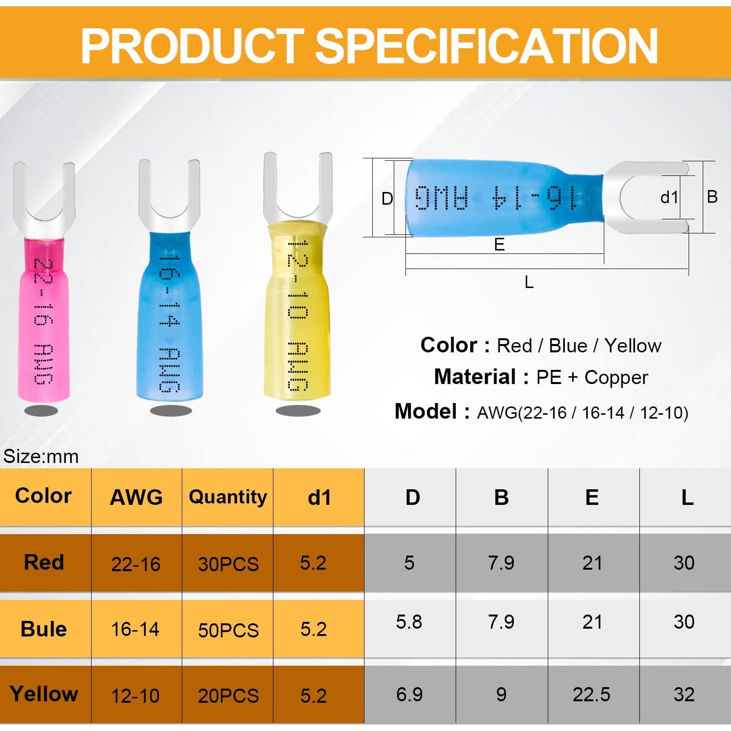 Conectores de Espiga Termorretráctil Twidec 100PCS AWG 22-10