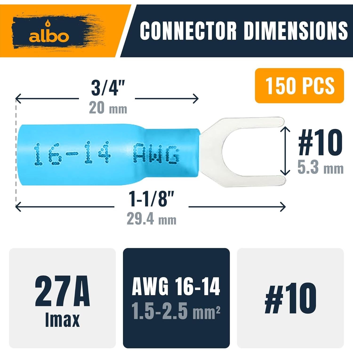 150 Conectores de Horquilla Termorretráctil Azul #10 16-14 AWG