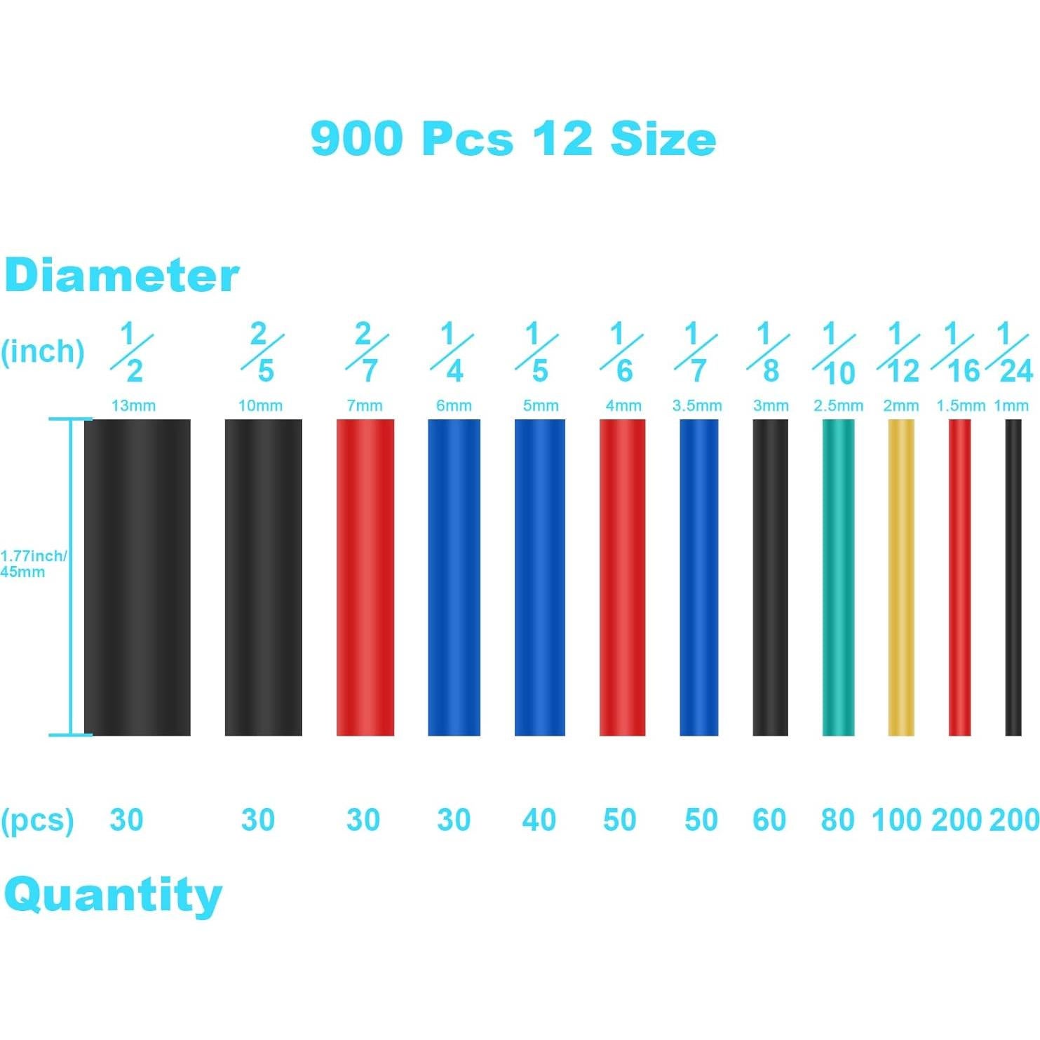 Kit de 900 Tubos Termocontraíbles DHOOZ 12 Tamaños 6 Colores