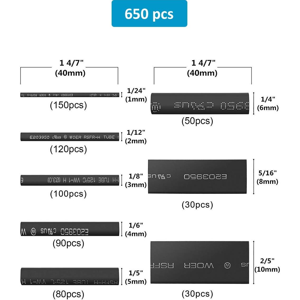 Kit 650 Tubos Termoretráctiles Negros innhom 2:1 Aislantes