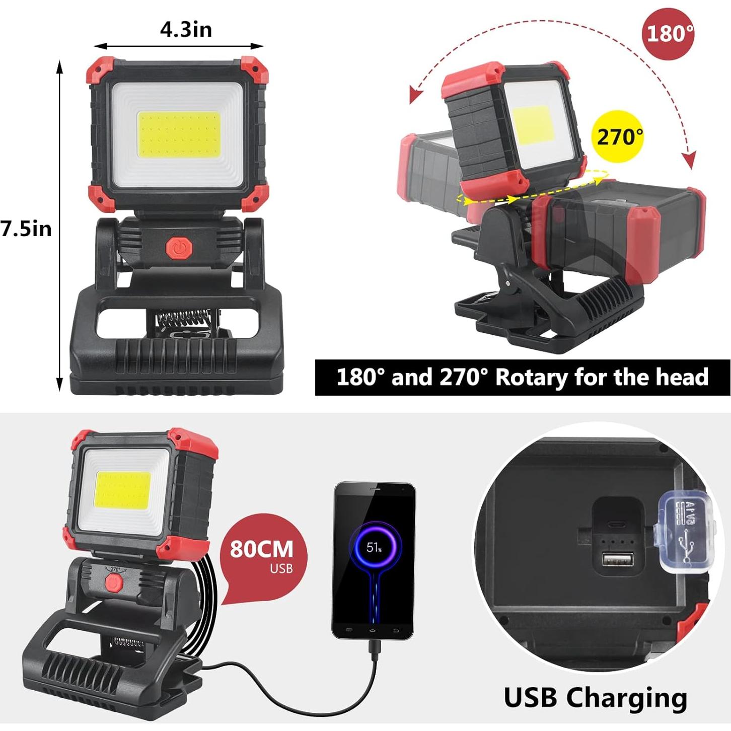 Luz de Trabajo LED COB Recargable Tresda 2100 Lúmenes 2Pack