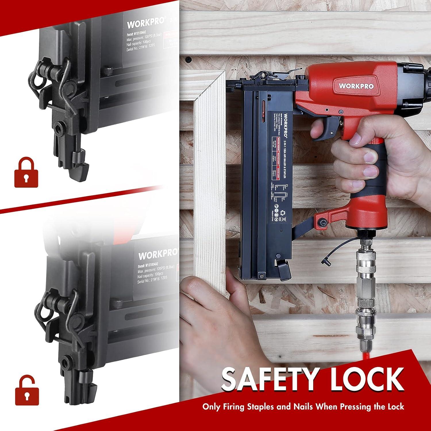 Clavadora Neumática WORKPRO 2 en 1 18 GA con 400 Clavos y 300 Grapas