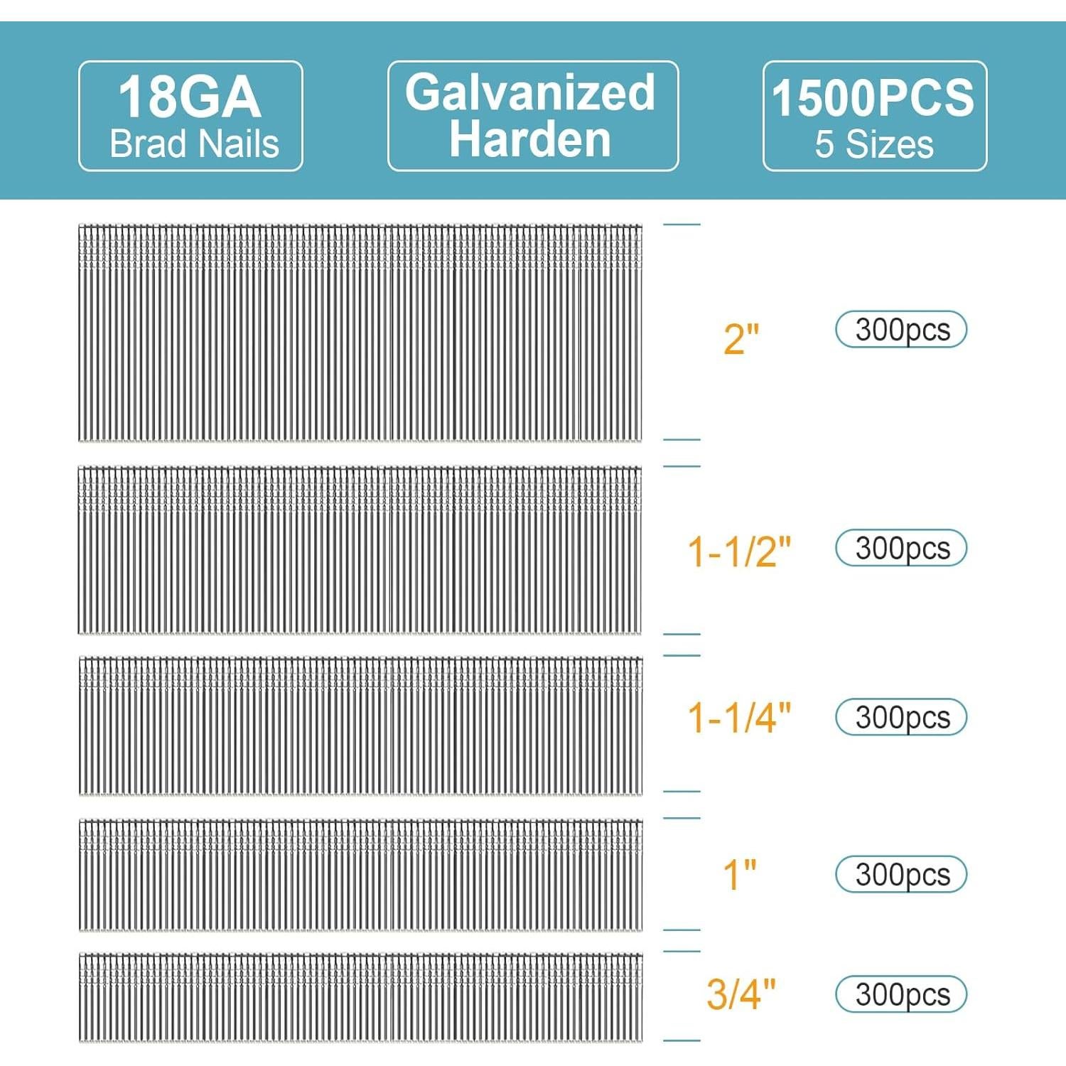 Clavos Brad 18GA Galvanizados BaBaYang 1500PCS 5 Tamaños