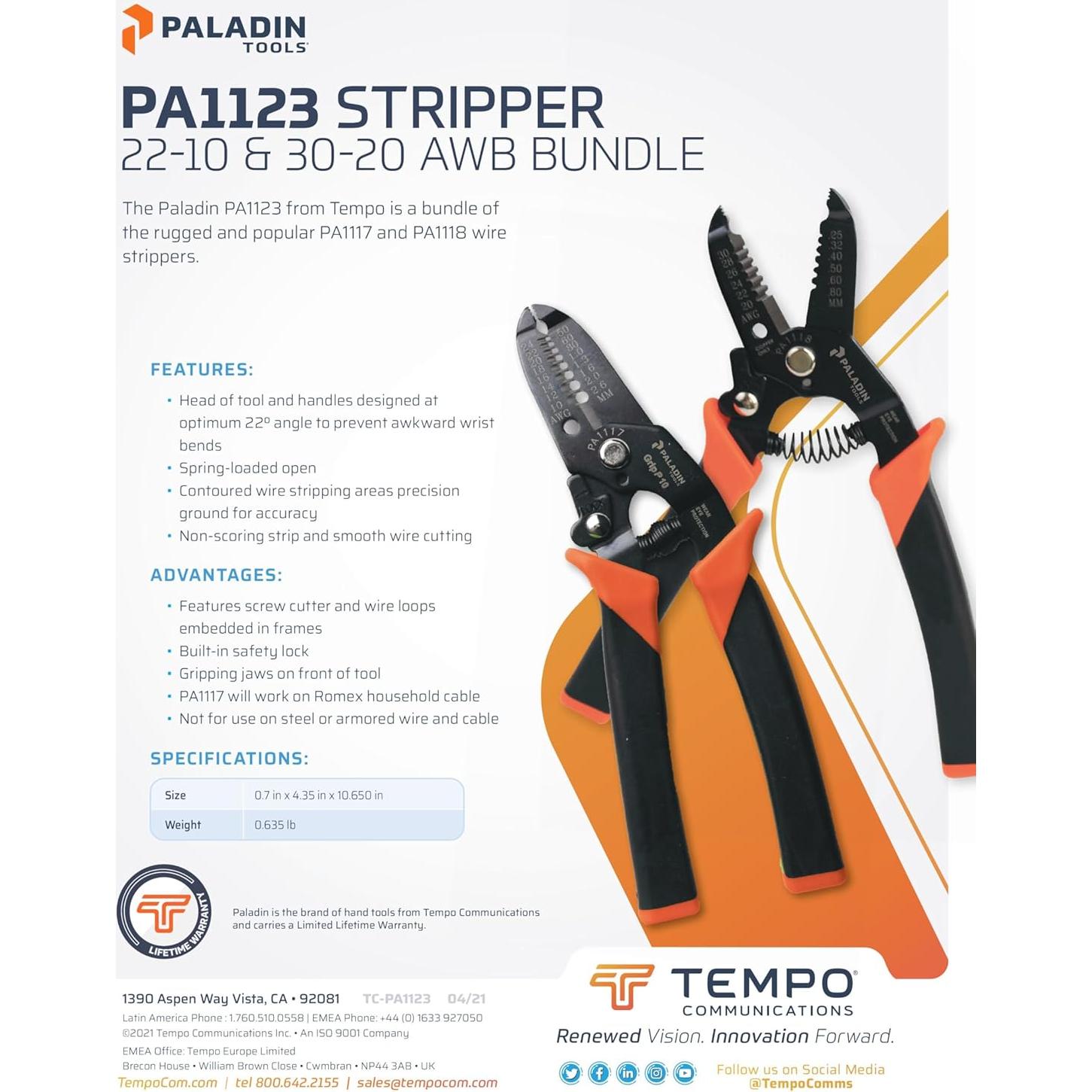 Pelacables Paladin Tools PA1123 22-10 AWG y 30-20 AWG