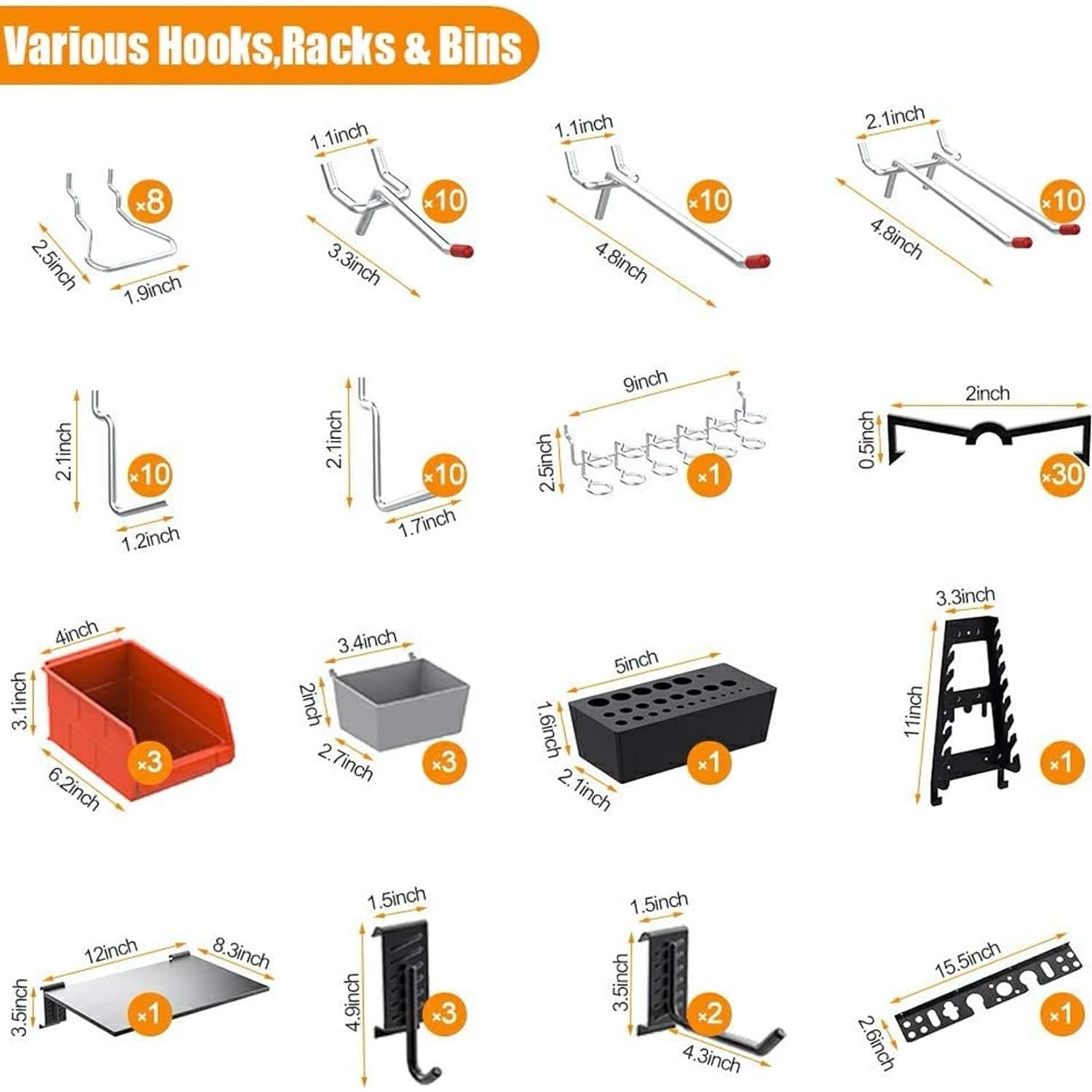 Organizador de Pared TORACK 109 Piezas para Garaje - Panel Perforado