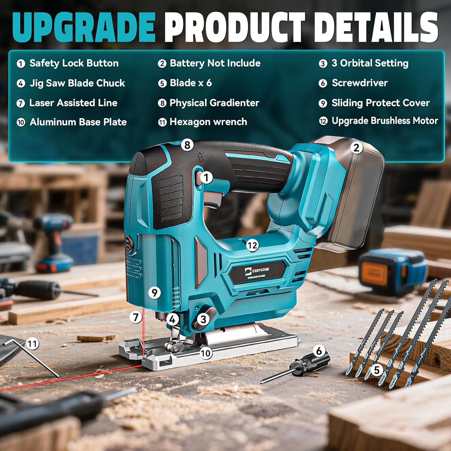 Sierra de Calar Inalámbrica Cerycose 18V con Guía Láser y Luz LED