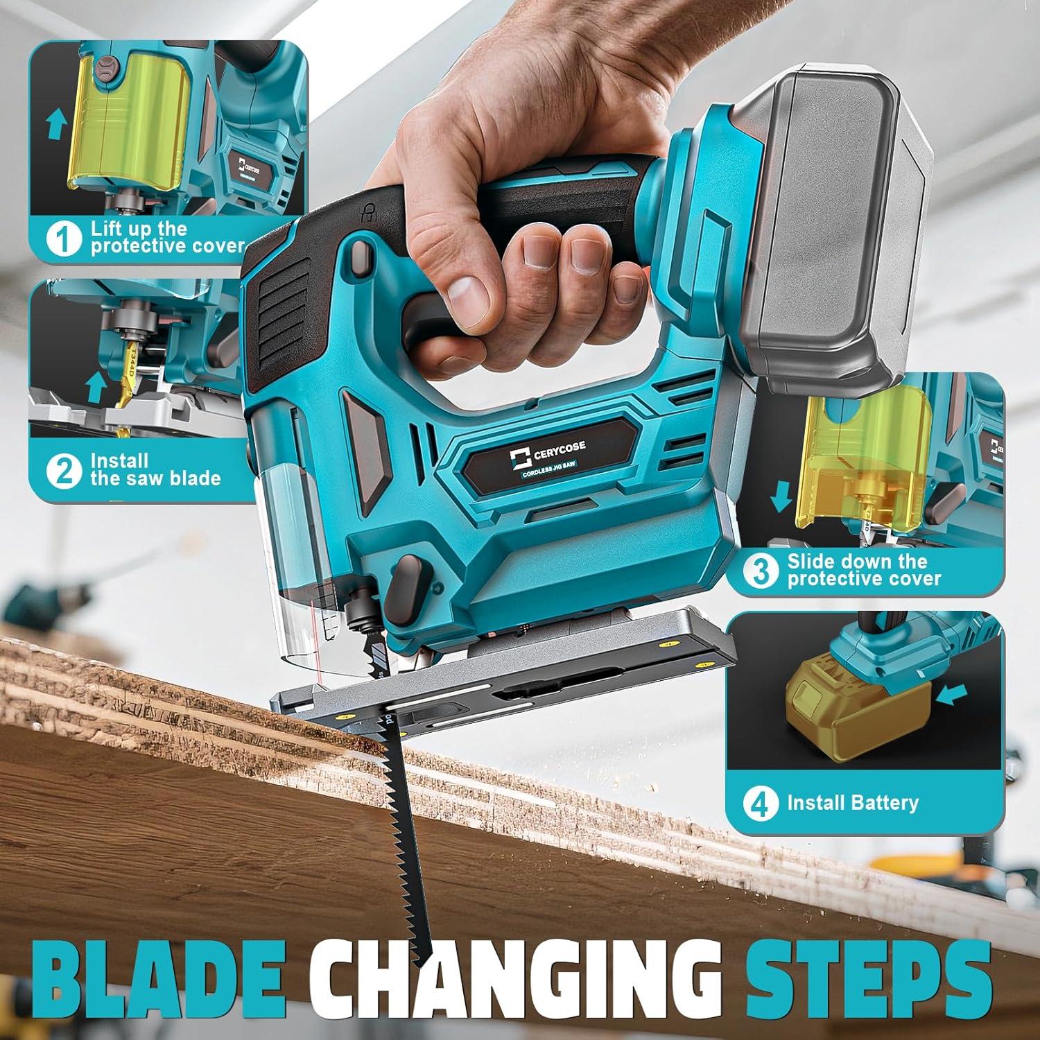 Sierra de Calar Inalámbrica Cerycose 18V con Guía Láser y Luz LED