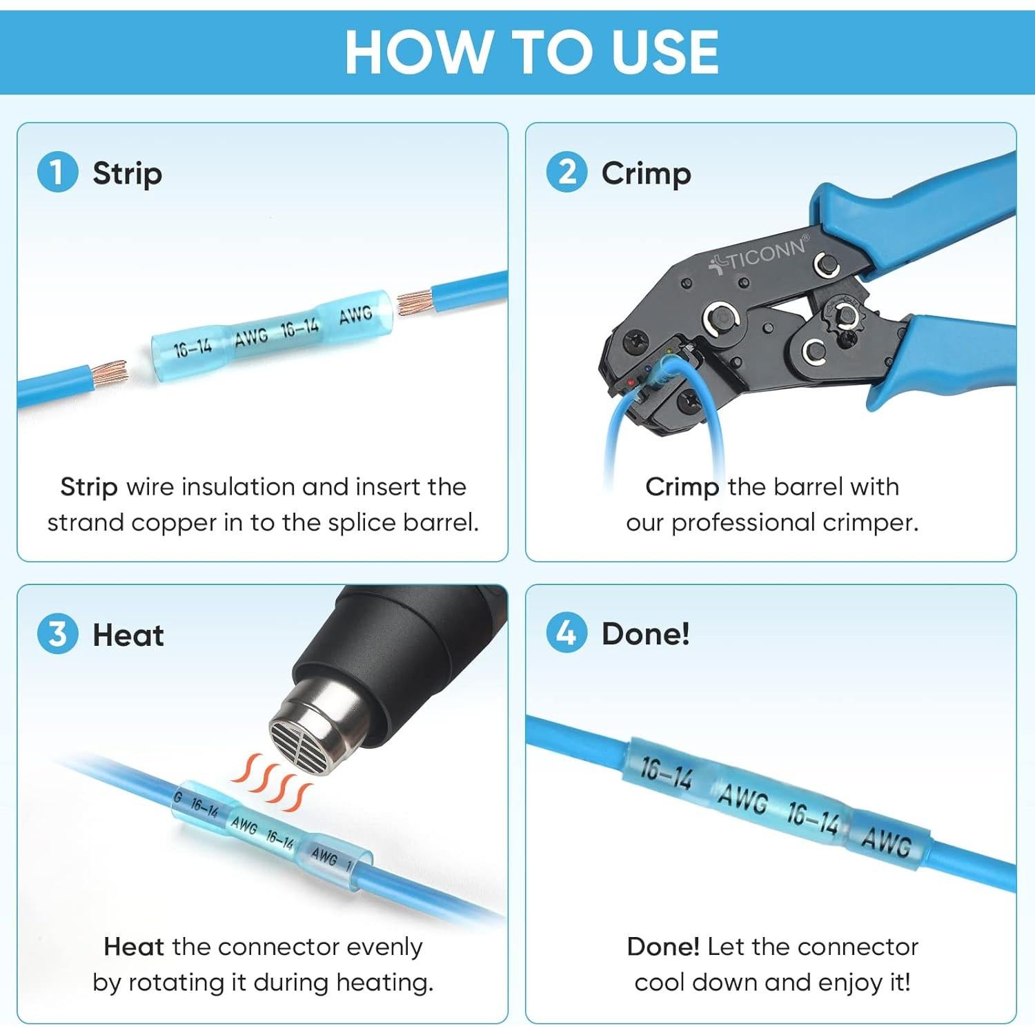 Kit de Conectores Térmicos TICONN 120PCS AWG 24-10 Aislados