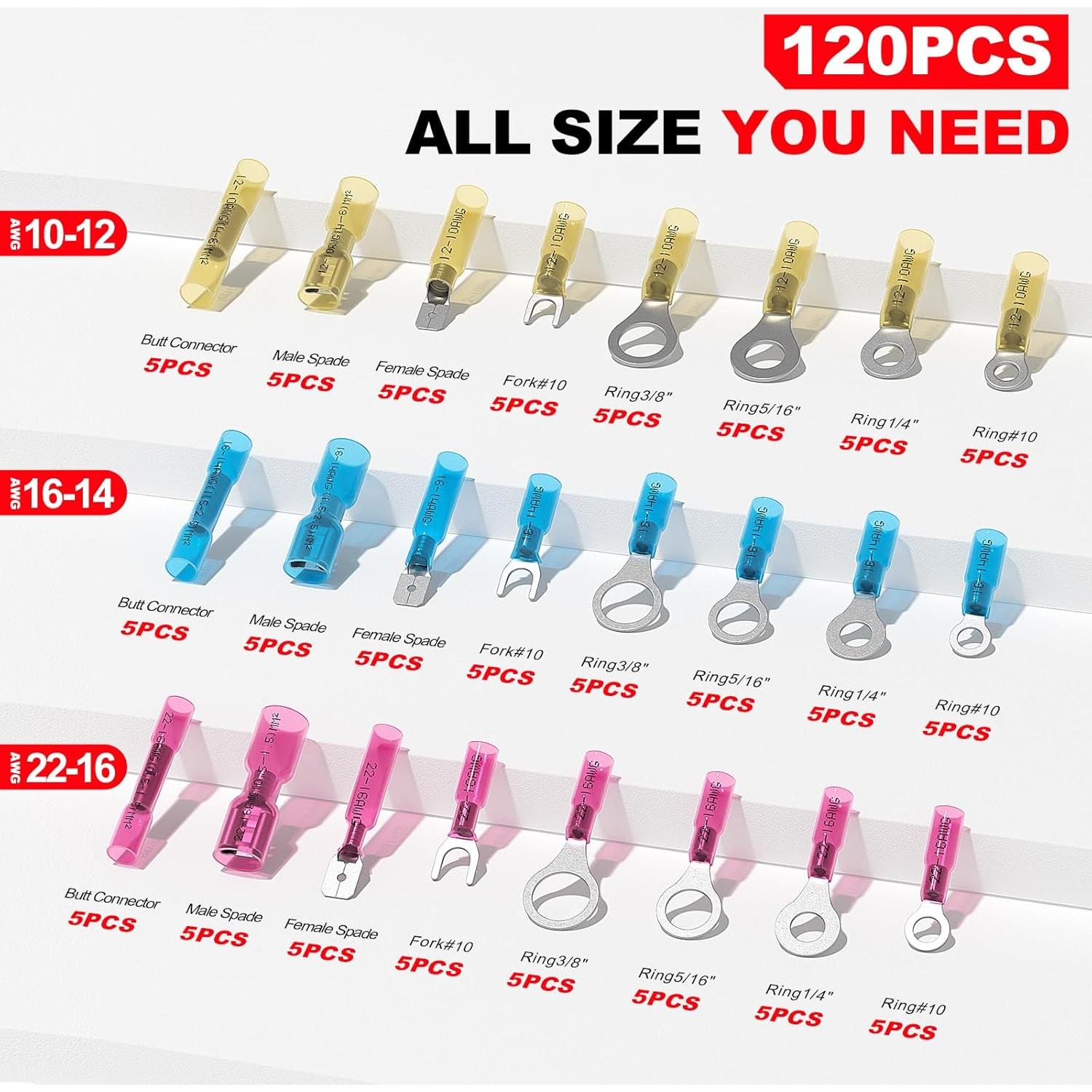 Kit de Conectores Termoretráctiles AIRIC 120 PCS 22-10 AWG